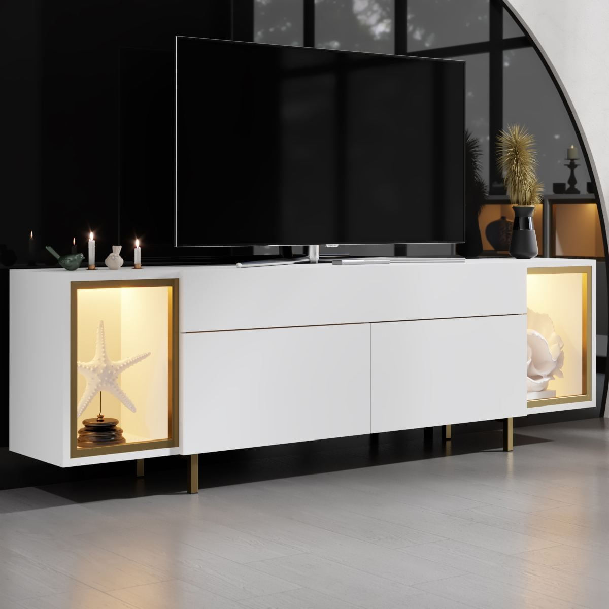 Comoda TV Zenith, 180 x 55 x 32 cm, alb auriu, PAL melaminat, spatiu de depozitare, fixare pe perete, alb / gold — imaginea 4