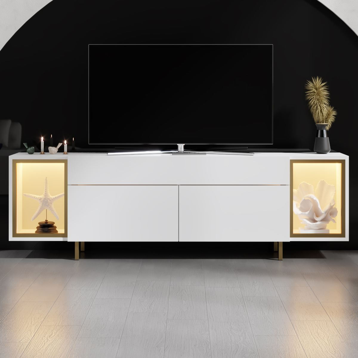Comoda TV Zenith, 180 x 55 x 32 cm, alb auriu, PAL melaminat, spatiu de depozitare, fixare pe perete, alb / gold — imaginea 5