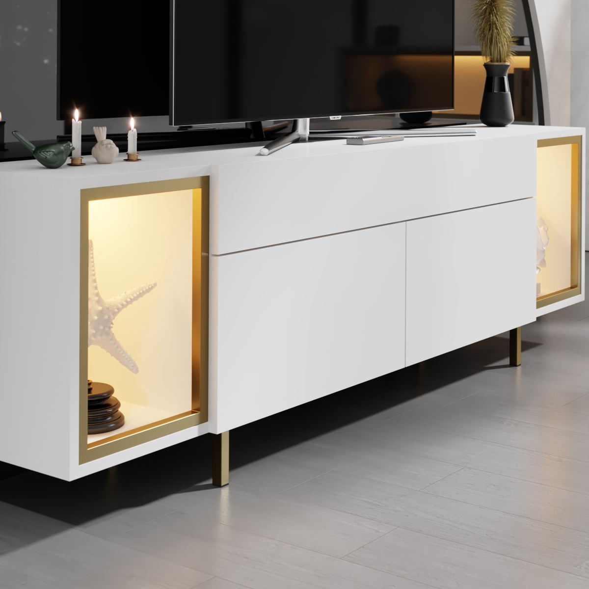 Comoda TV Zenith, 180 x 55 x 32 cm, alb auriu, PAL melaminat, spatiu de depozitare, fixare pe perete, alb / gold — imaginea 6