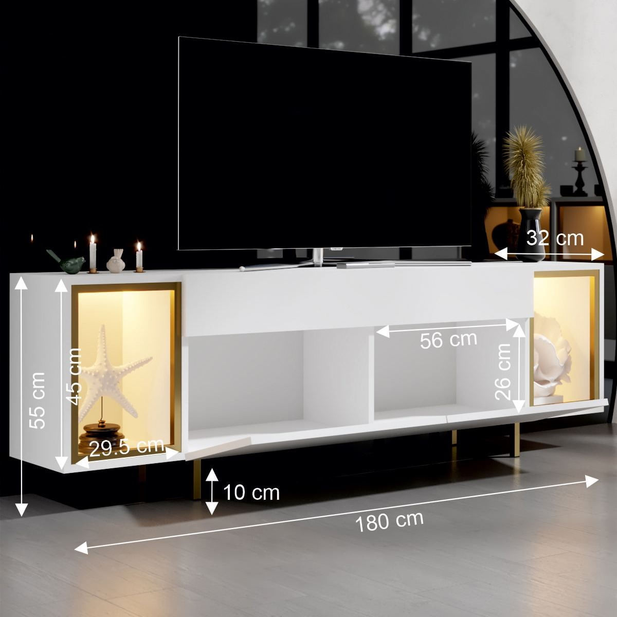 Comoda TV Zenith, 180 x 55 x 32 cm, alb auriu, PAL melaminat, spatiu de depozitare, fixare pe perete, alb / gold — imaginea 7