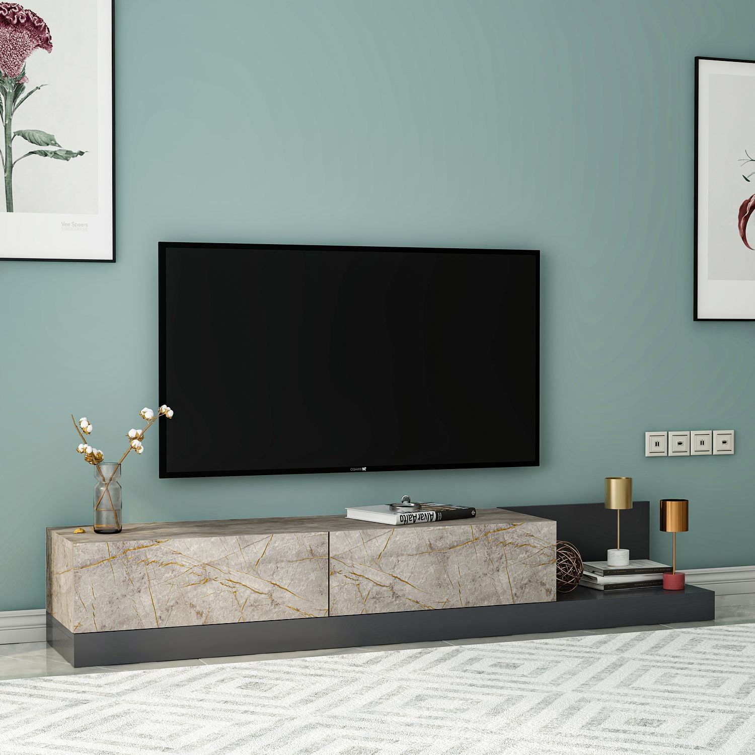Comoda TV Major, 180 x 30 x 37 cm, gordion marmura antracit, PAL melaminat, gordion marble / antracit — imaginea 3