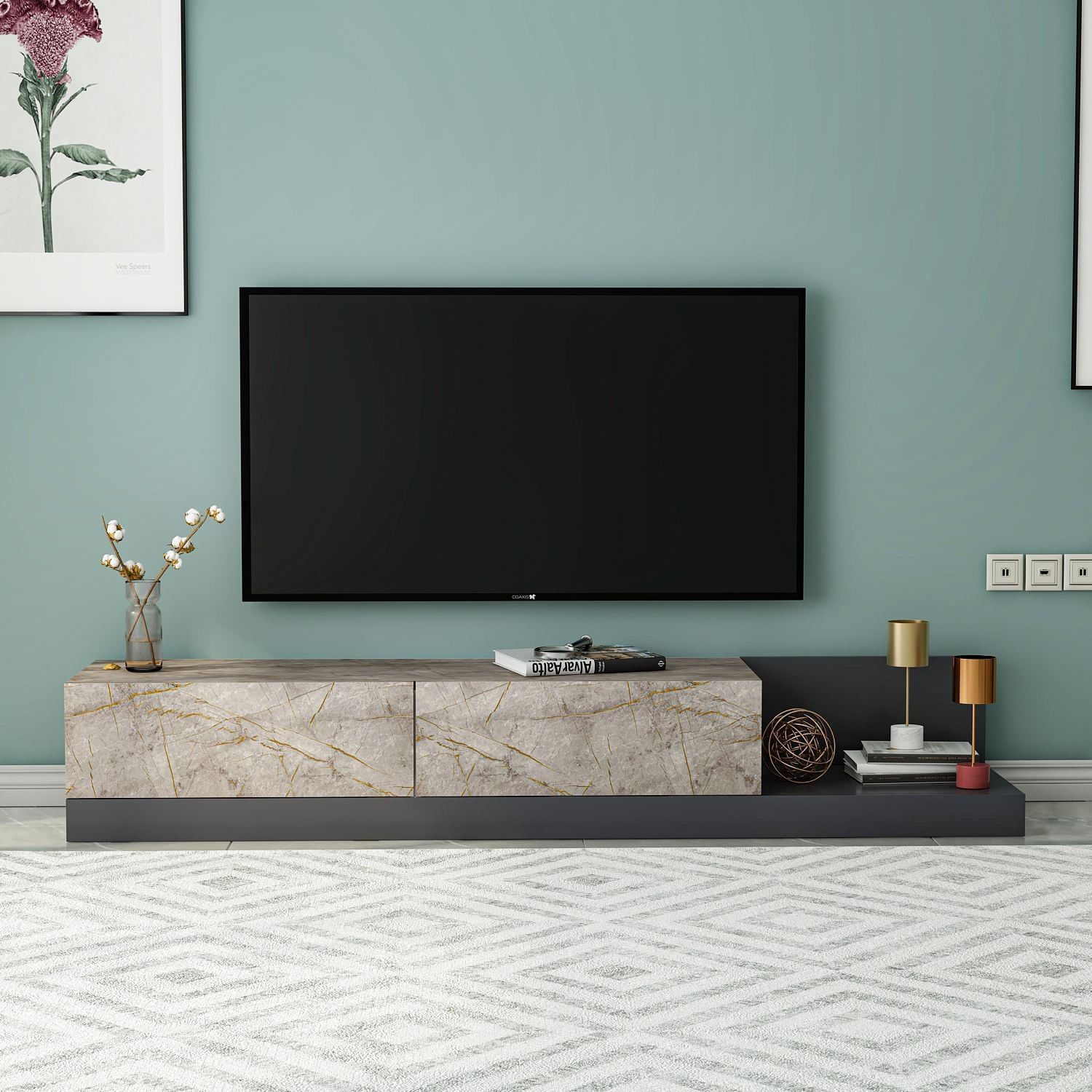 Comoda TV Major, 180 x 30 x 37 cm, gordion marmura antracit, PAL melaminat, gordion marble / antracit — imaginea 4