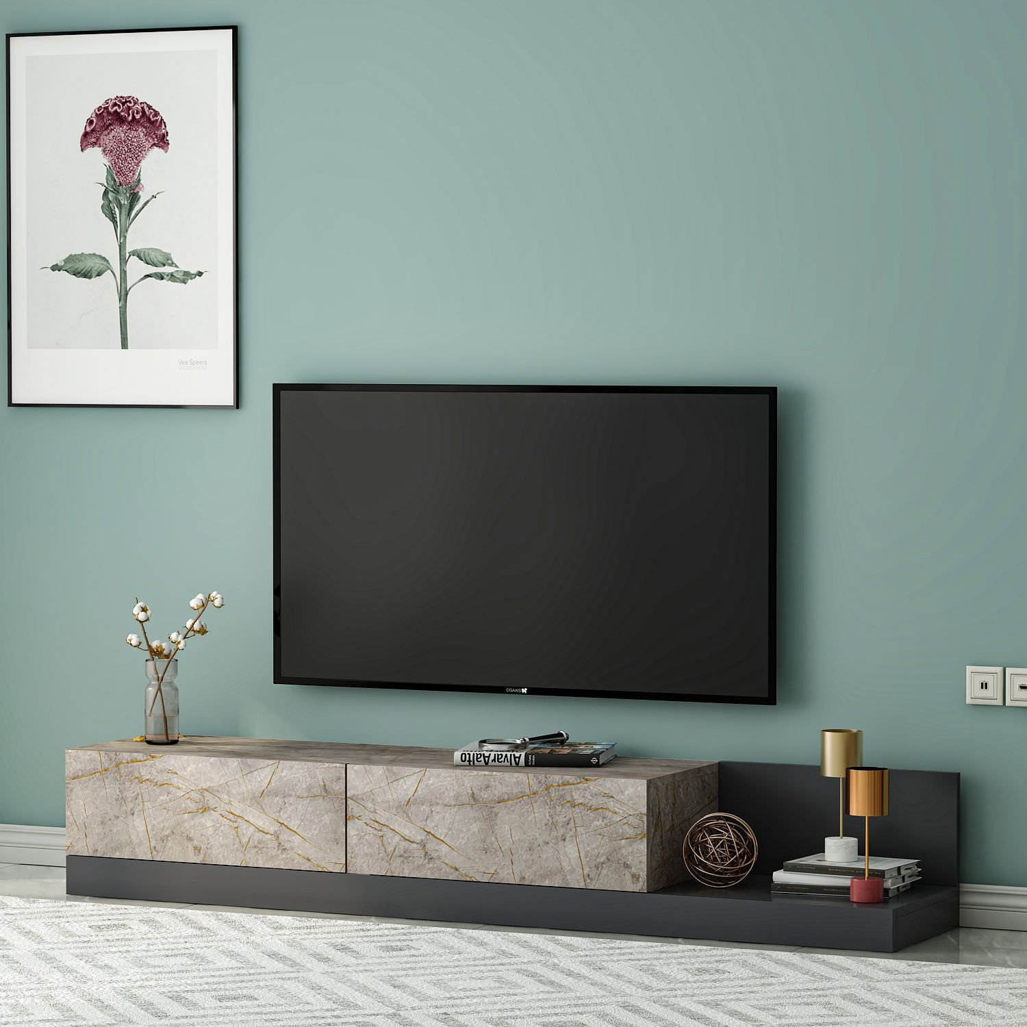 Comoda TV Major, 180 x 30 x 37 cm, gordion marmura antracit, PAL melaminat, gordion marble / antracit — imaginea 5