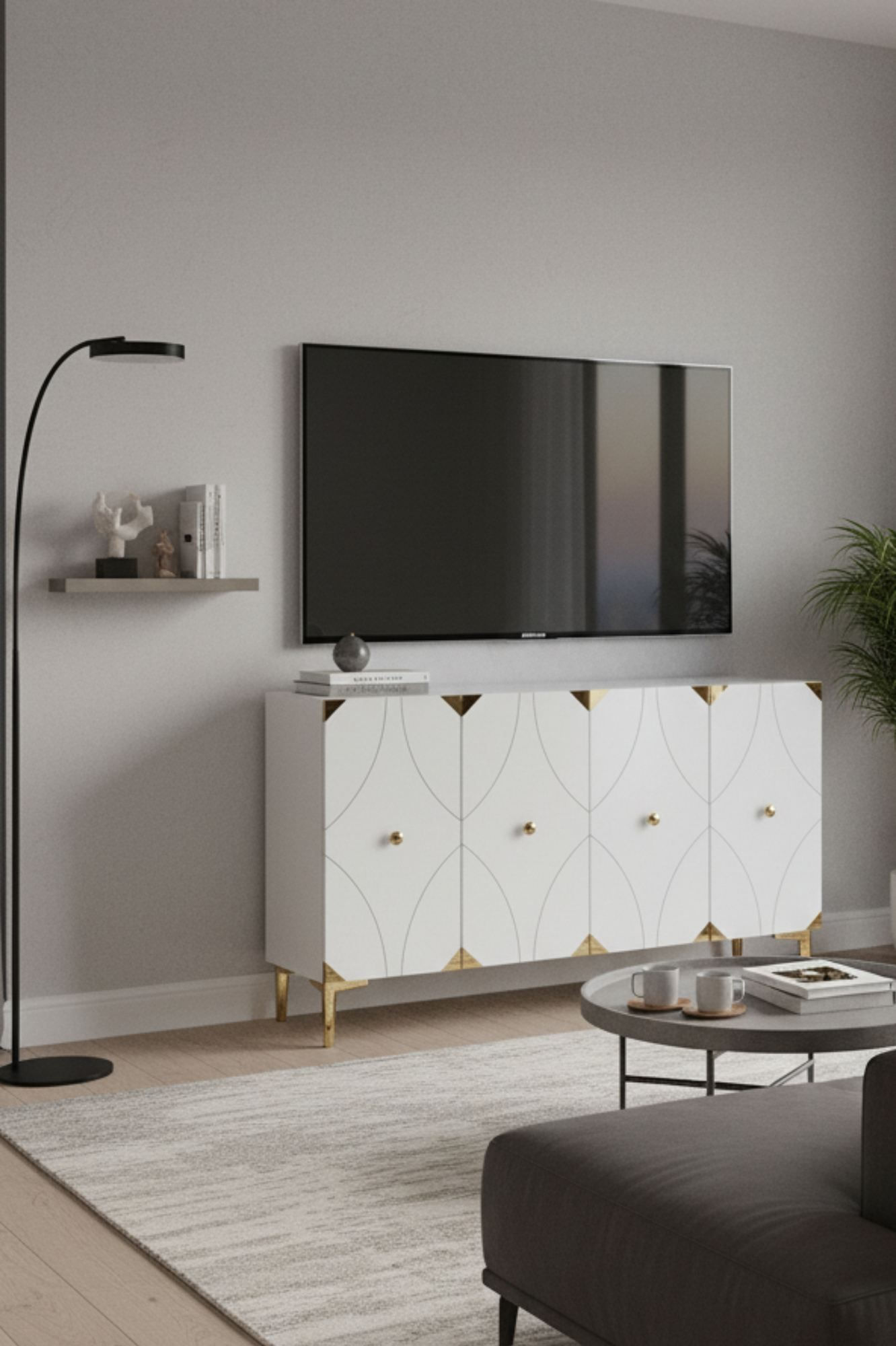 Consola Alfa 120, 120 x 75 x 32 cm, alb auriu, PAL melaminat, spatiu de depozitare, alb / gold — imaginea 3