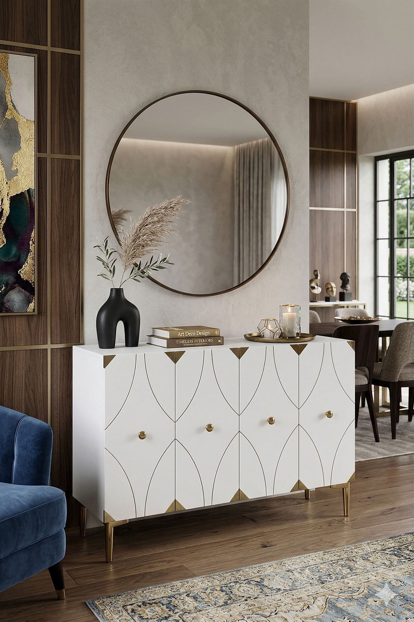 Consola Alfa 120, 120 x 75 x 32 cm, alb auriu, PAL melaminat, spatiu de depozitare, alb / gold — imaginea 4
