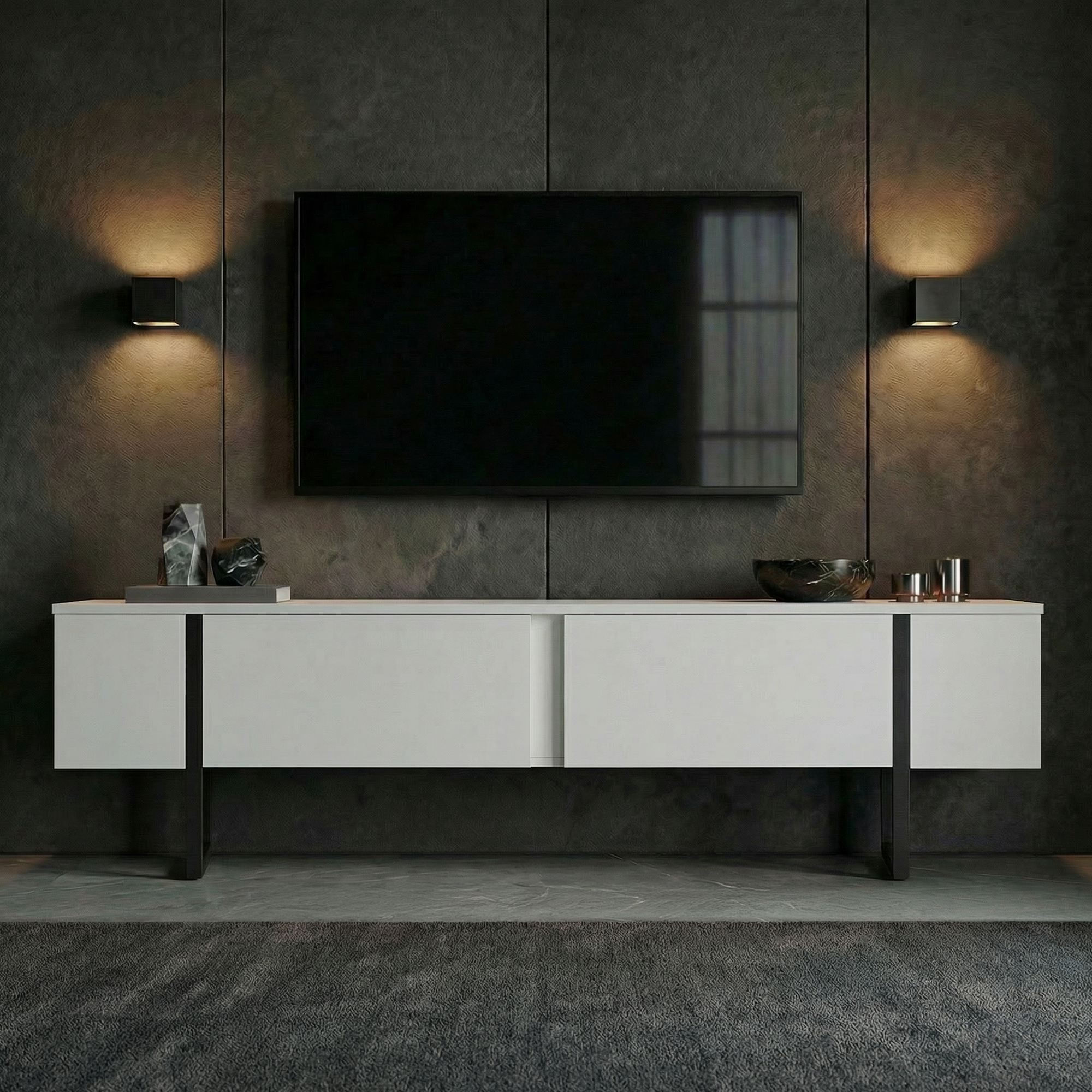 Comoda TV Onera, 180 x 45 x 30 cm, PAL melaminat, alb / negru — imaginea 7