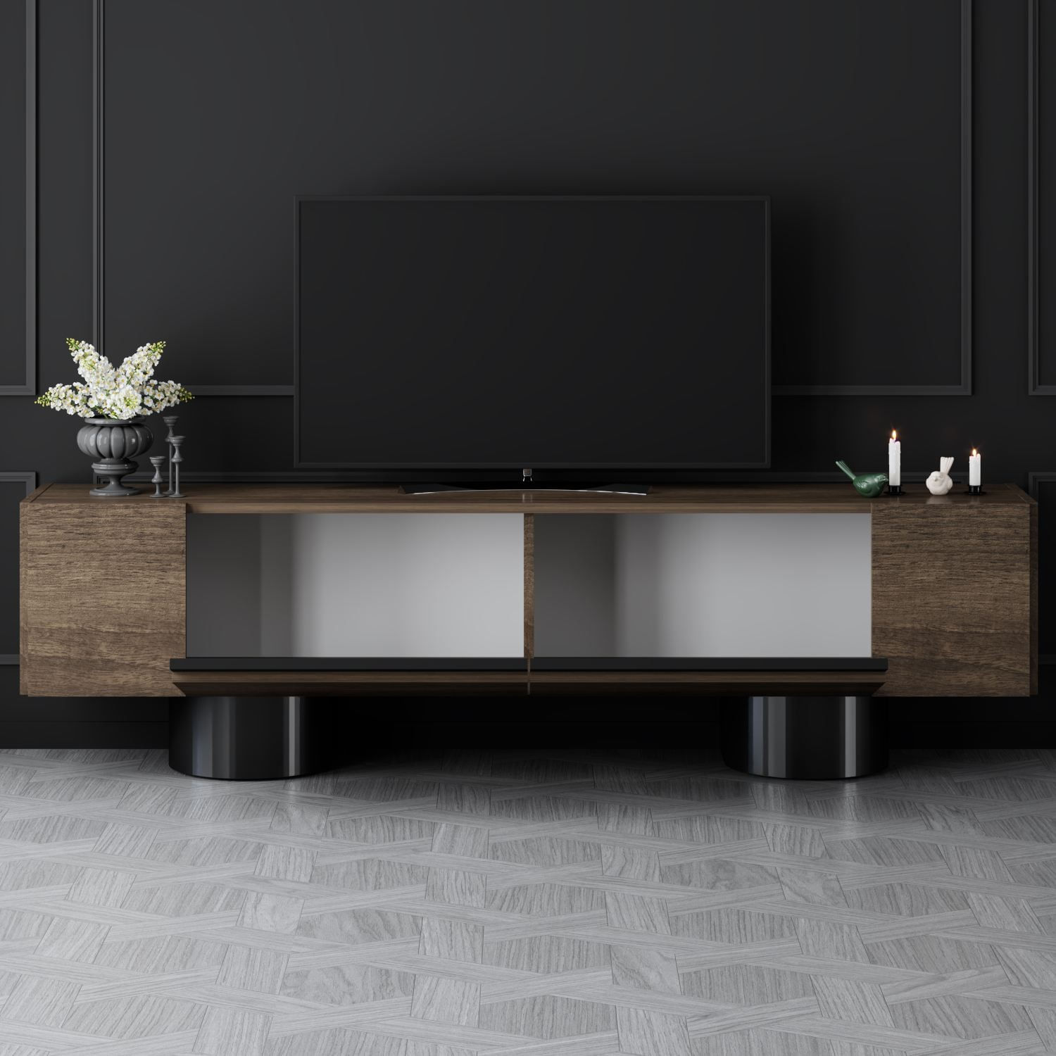 Comoda TV Bohem, 180 x 50 x 30 cm, nuc negru, PAL melaminat — imaginea 8