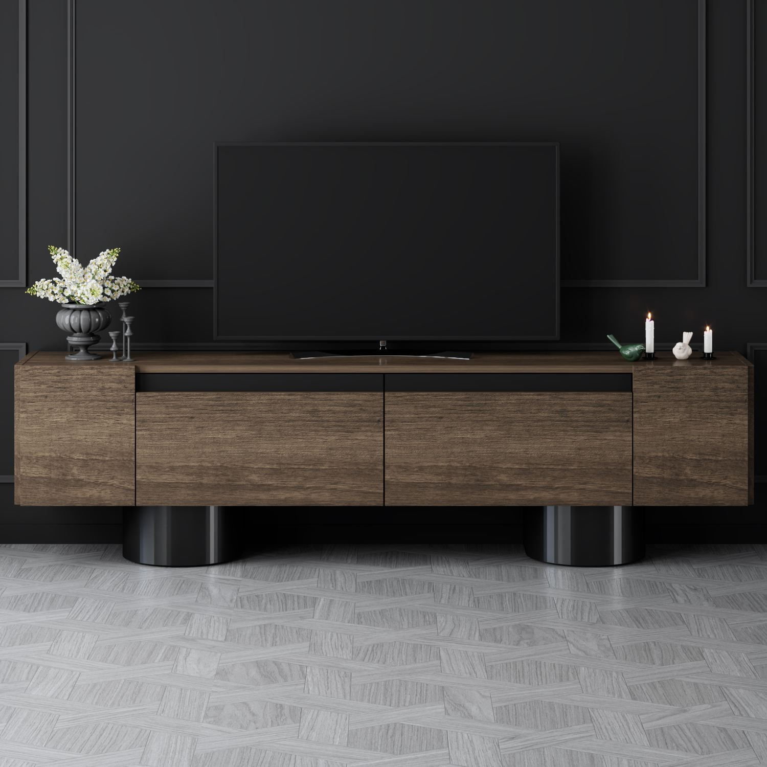 Comoda TV Bohem, 180 x 50 x 30 cm, nuc negru, PAL melaminat — imaginea 9
