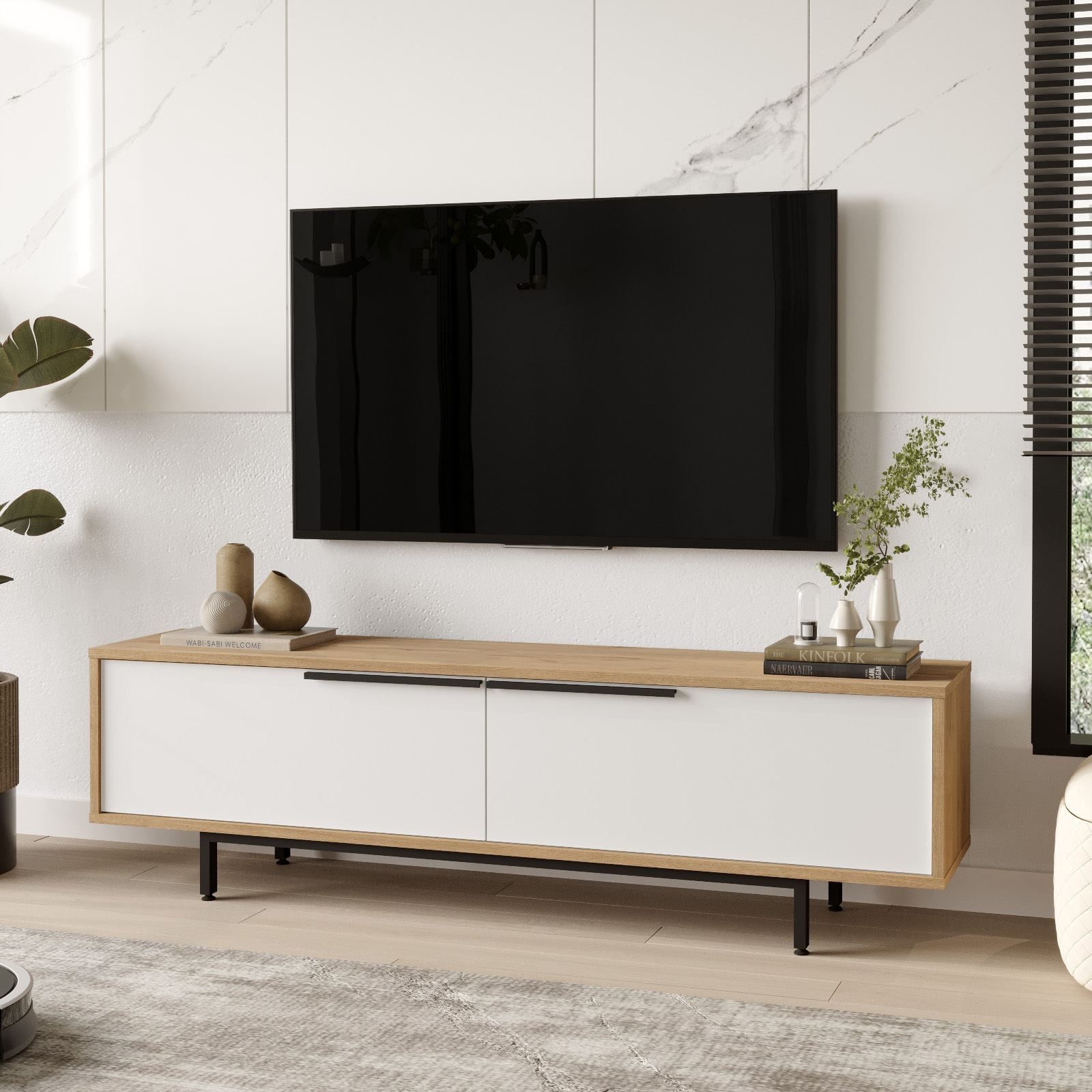 Comoda TV ON1-SW, 160 x 45,1 x 35,5 cm, stejar alb, PAL melaminat — imaginea 4