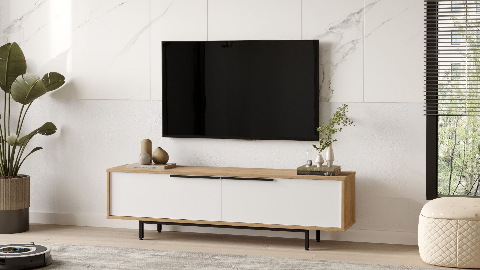 Comoda TV ON1-SW, 160 x 45,1 x 35,5 cm, stejar alb, PAL melaminat — imaginea 7