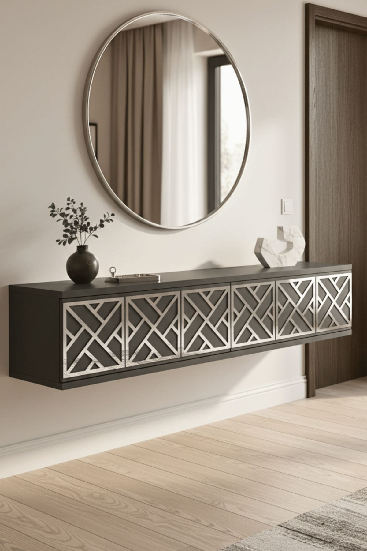 Comoda dormitor Arex 120, 120 x 25, 5 x 29, 6 cm, antracit argintiu, PAL melaminat, oglinda inclusa, fixare pe perete, antracit / silver — imaginea 6