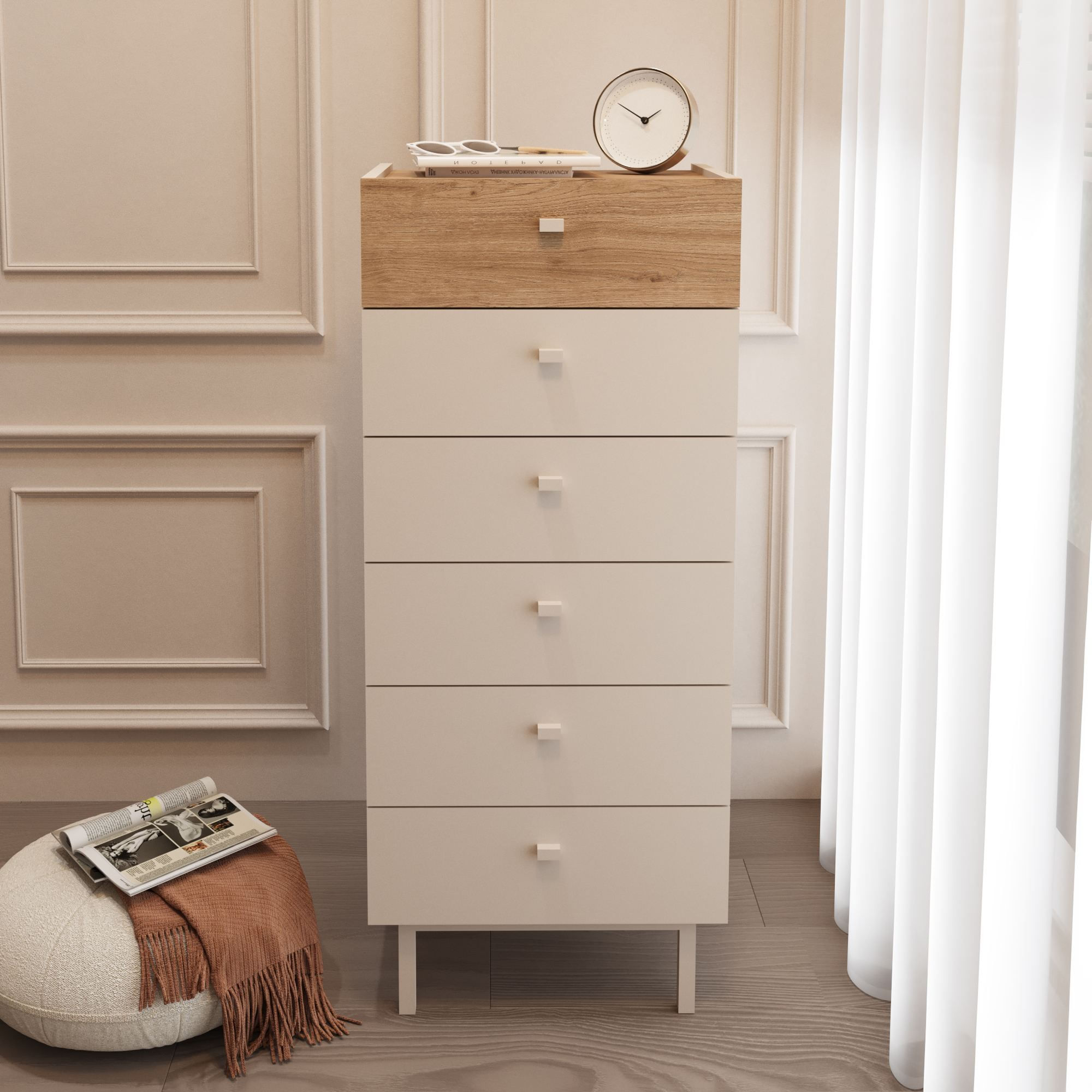 Comoda dormitor Luke - LK5-CS, 47,9 x 113,2 x 36,8 cm, sand stejar, PAL melaminat, spatiu de depozitare, fixare pe perete — imaginea 5