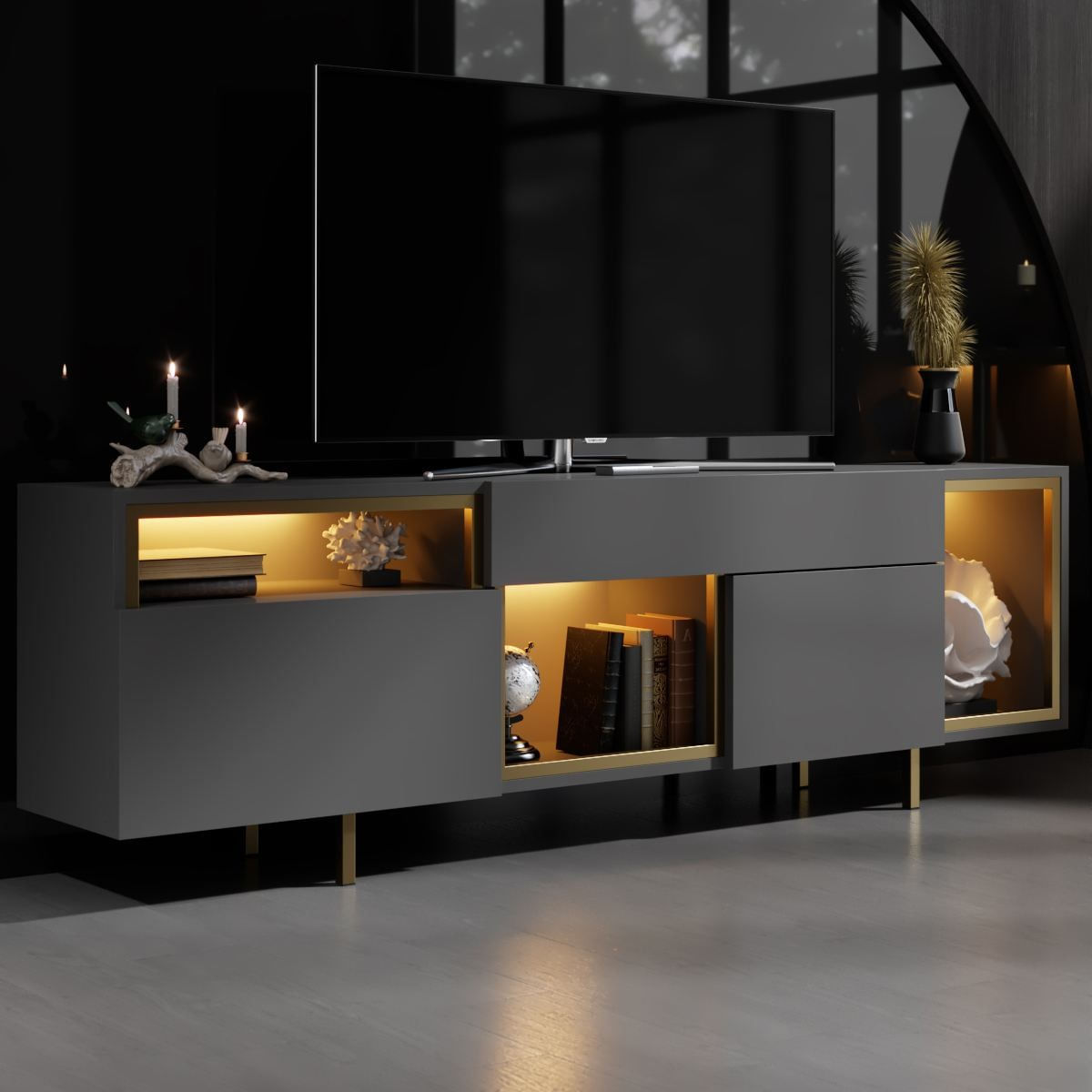 Comoda TV Norm, 180 x 55 x 32 cm, antracit auriu, PAL melaminat, spatiu de depozitare, fixare pe perete, antracit / gold — imaginea 4