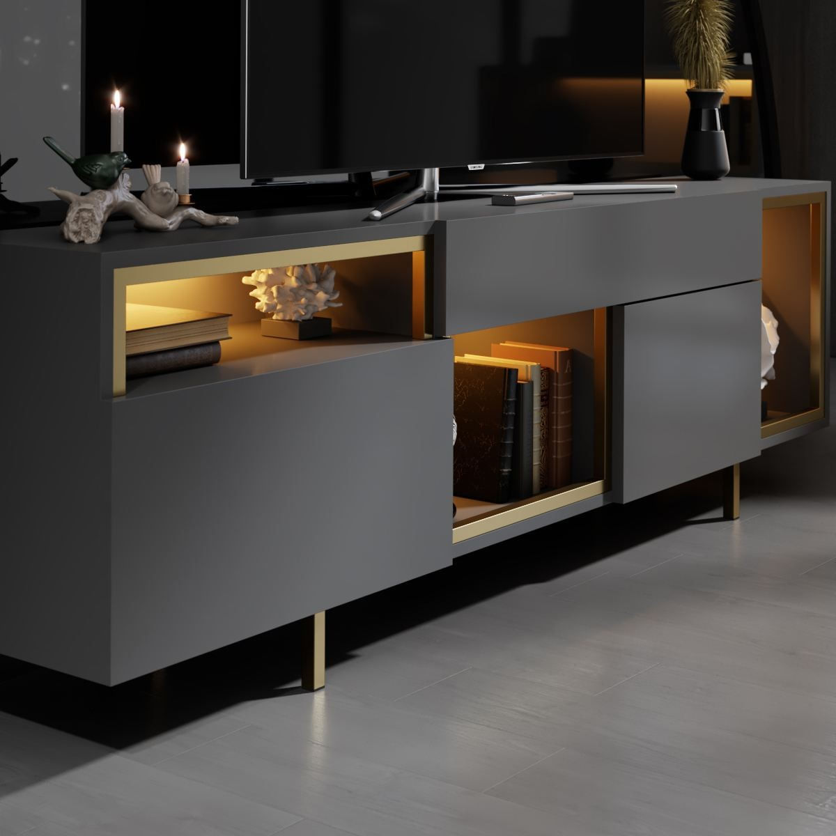 Comoda TV Norm, 180 x 55 x 32 cm, antracit auriu, PAL melaminat, spatiu de depozitare, fixare pe perete, antracit / gold — imaginea 5