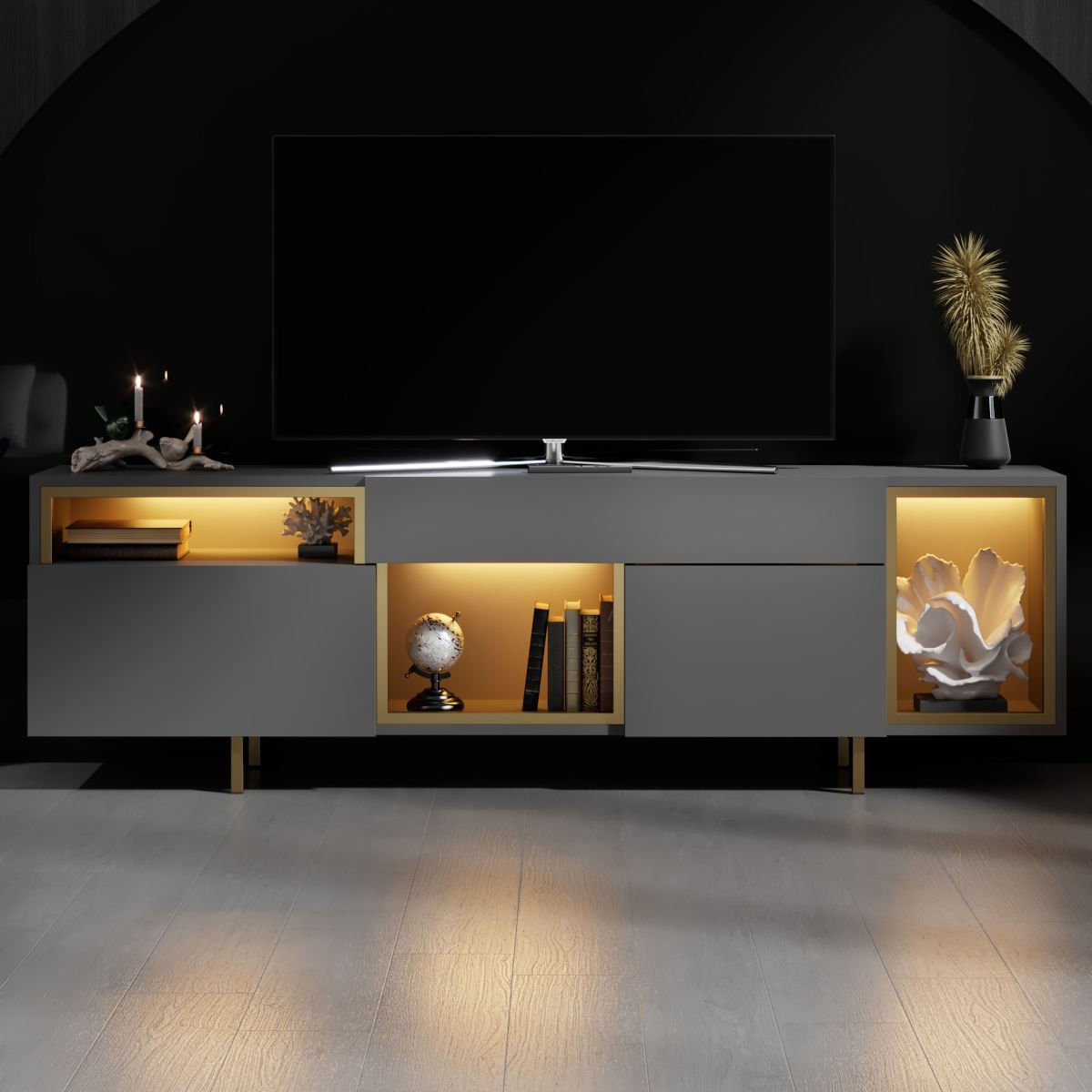Comoda TV Norm, 180 x 55 x 32 cm, antracit auriu, PAL melaminat, spatiu de depozitare, fixare pe perete, antracit / gold — imaginea 6