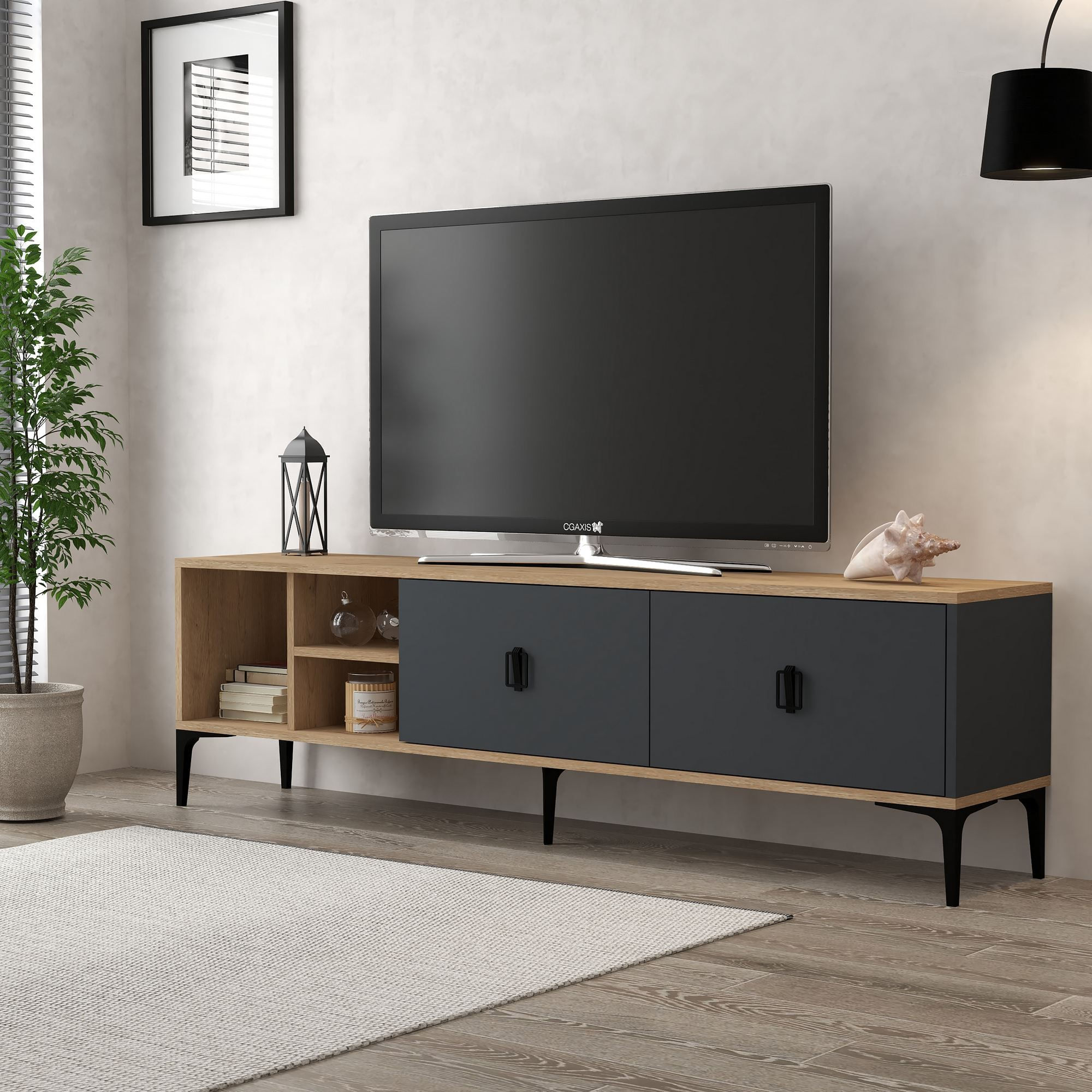 Comoda TV Era 3805, 180 x 50 x 35 cm, stejar safir antracit, PAL melaminat — imaginea 3