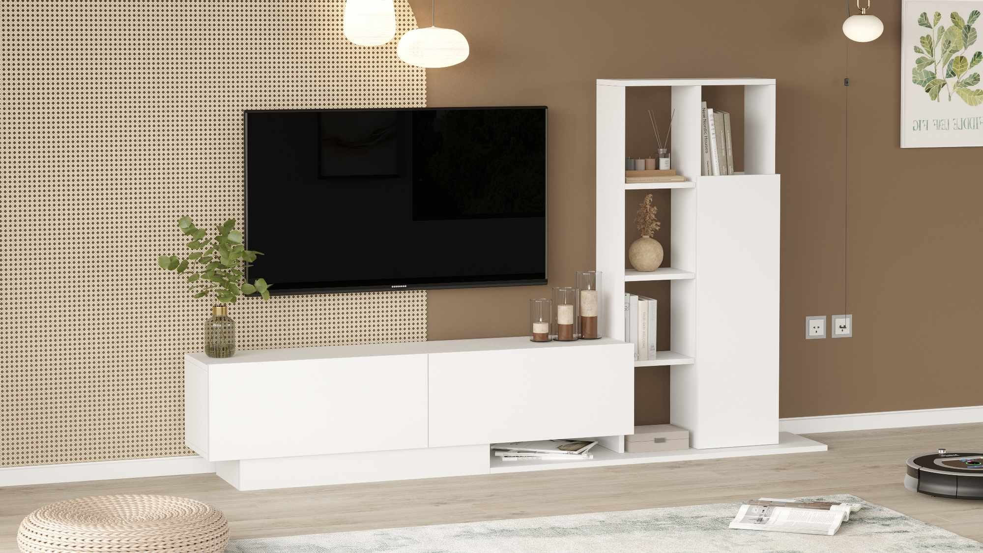 Comoda TV For1-W, 201,2 x 123,6 x 29,5 cm, alb, PAL melaminat, capacitate 60 kg — imaginea 6