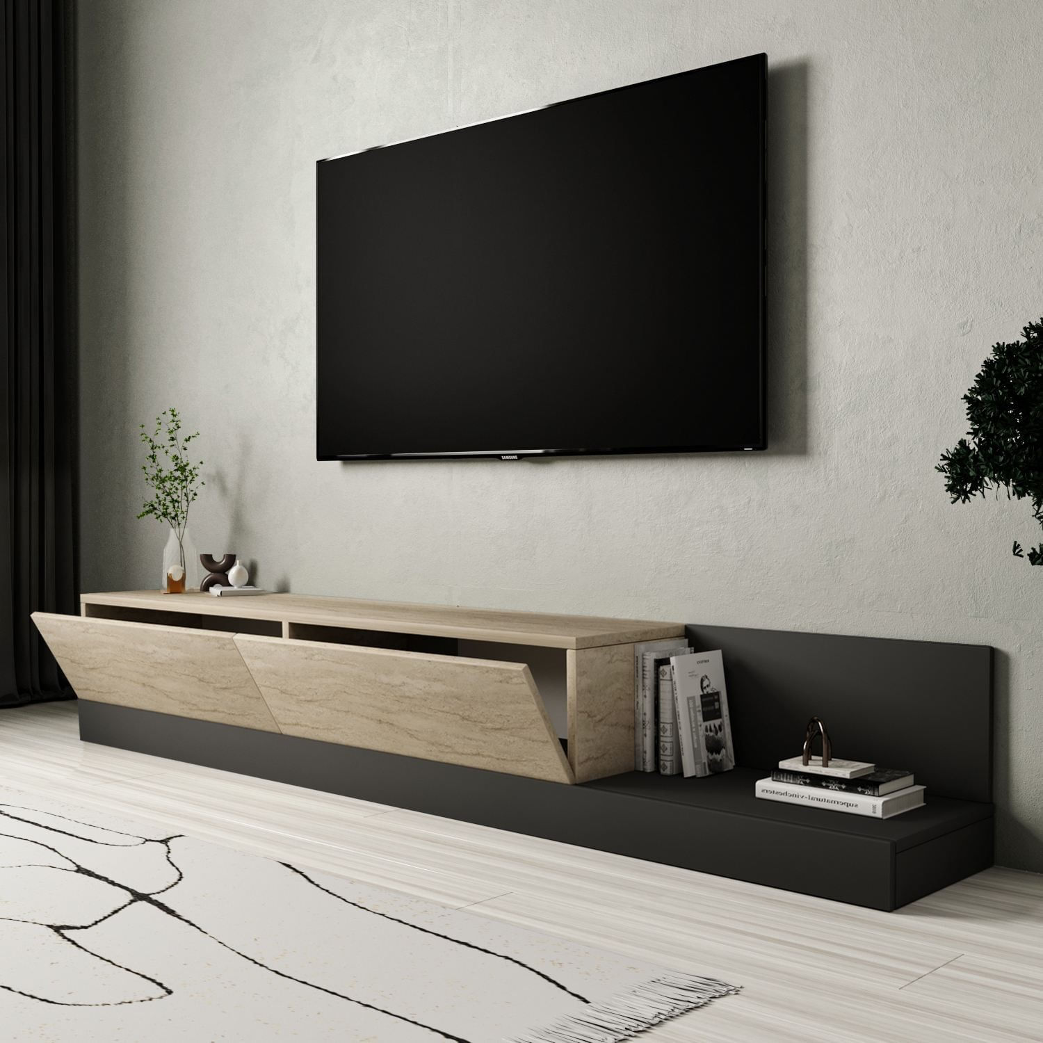 Comoda TV Major, 180 x 30 x 37 cm, PAL melaminat, travertin / antracit — imaginea 2