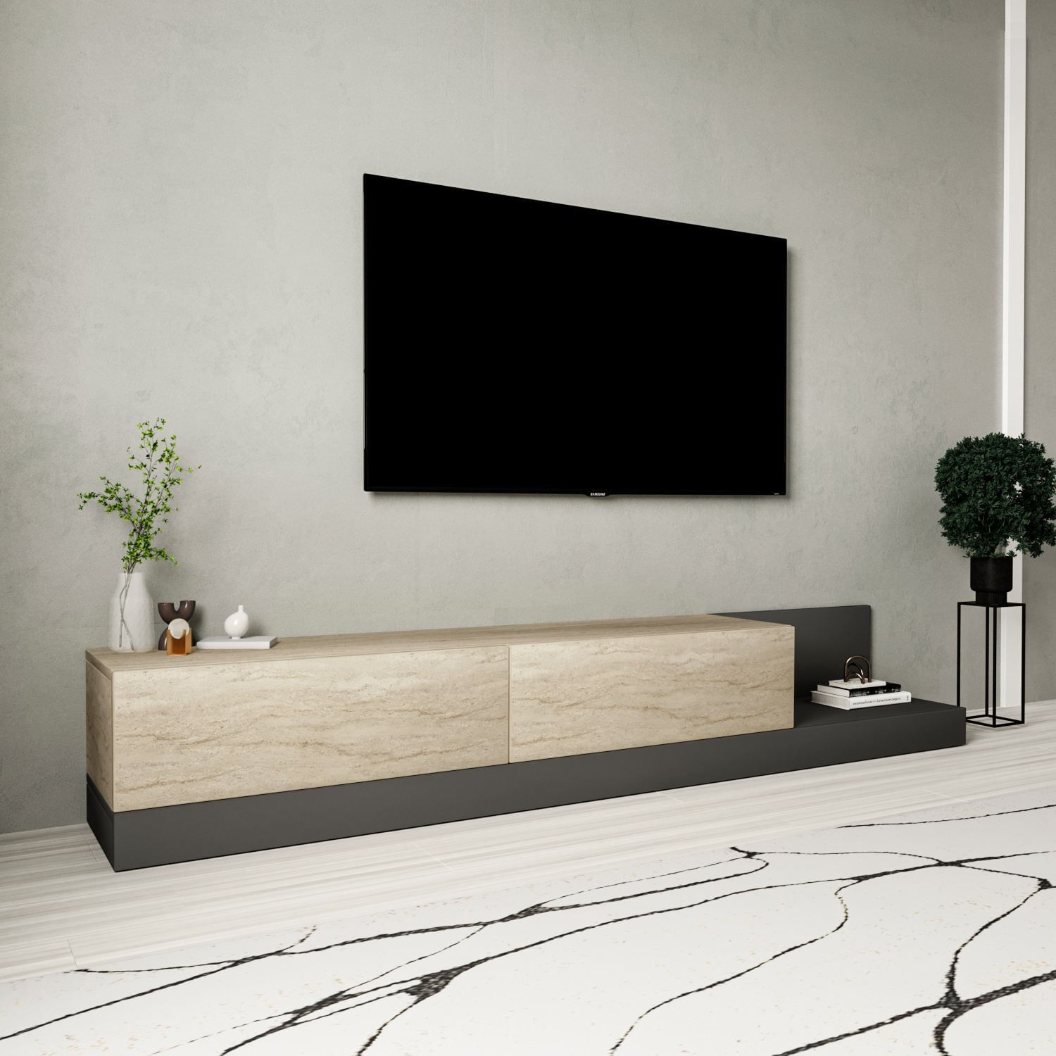 Comoda TV Major, 180 x 30 x 37 cm, PAL melaminat, travertin / antracit — imaginea 3