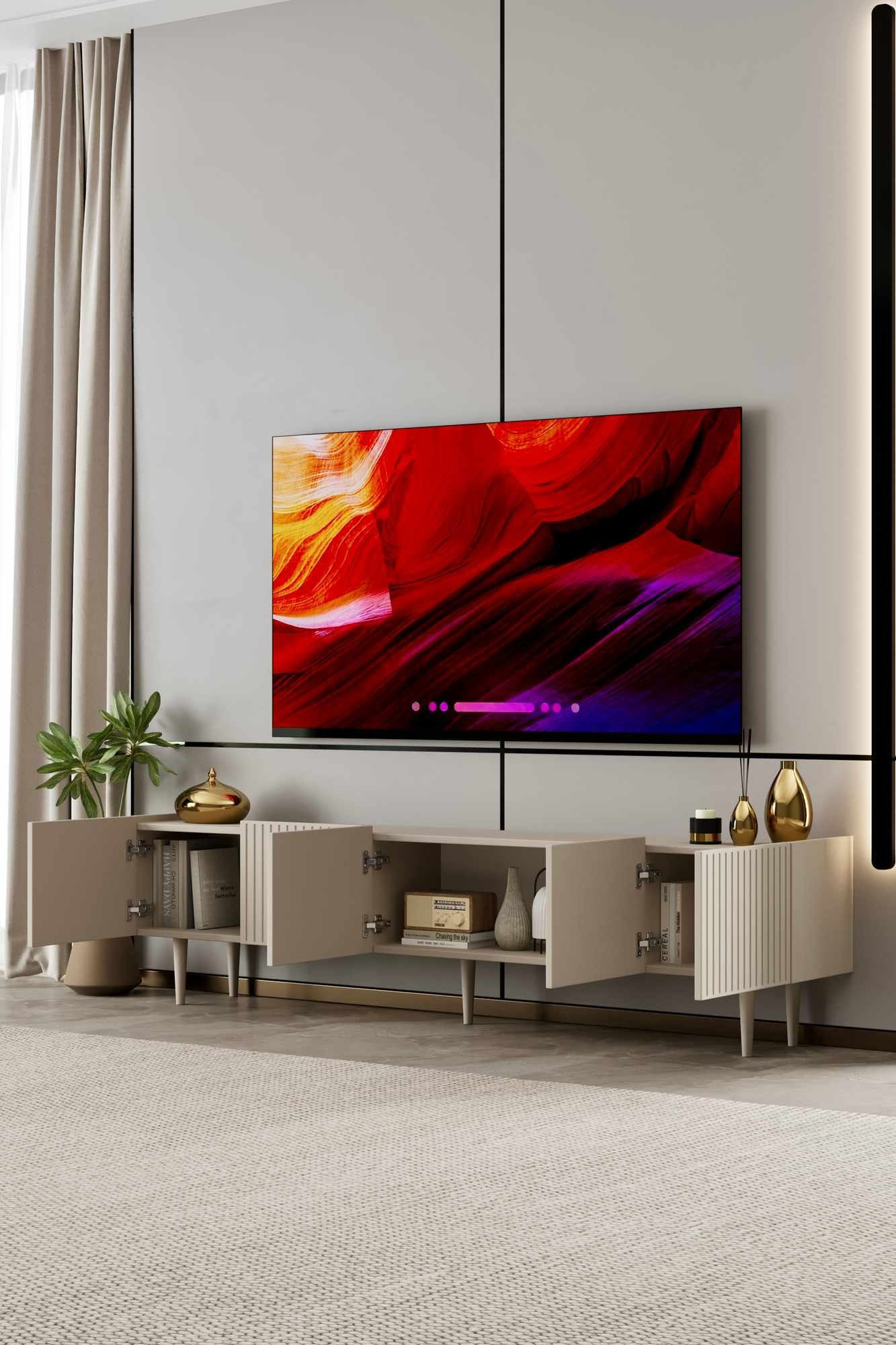 Comoda TV Capella 200, 200 x 50 x 29 cm, bej nisip, MDF, capacitate 37 kg, sandstone — imaginea 2