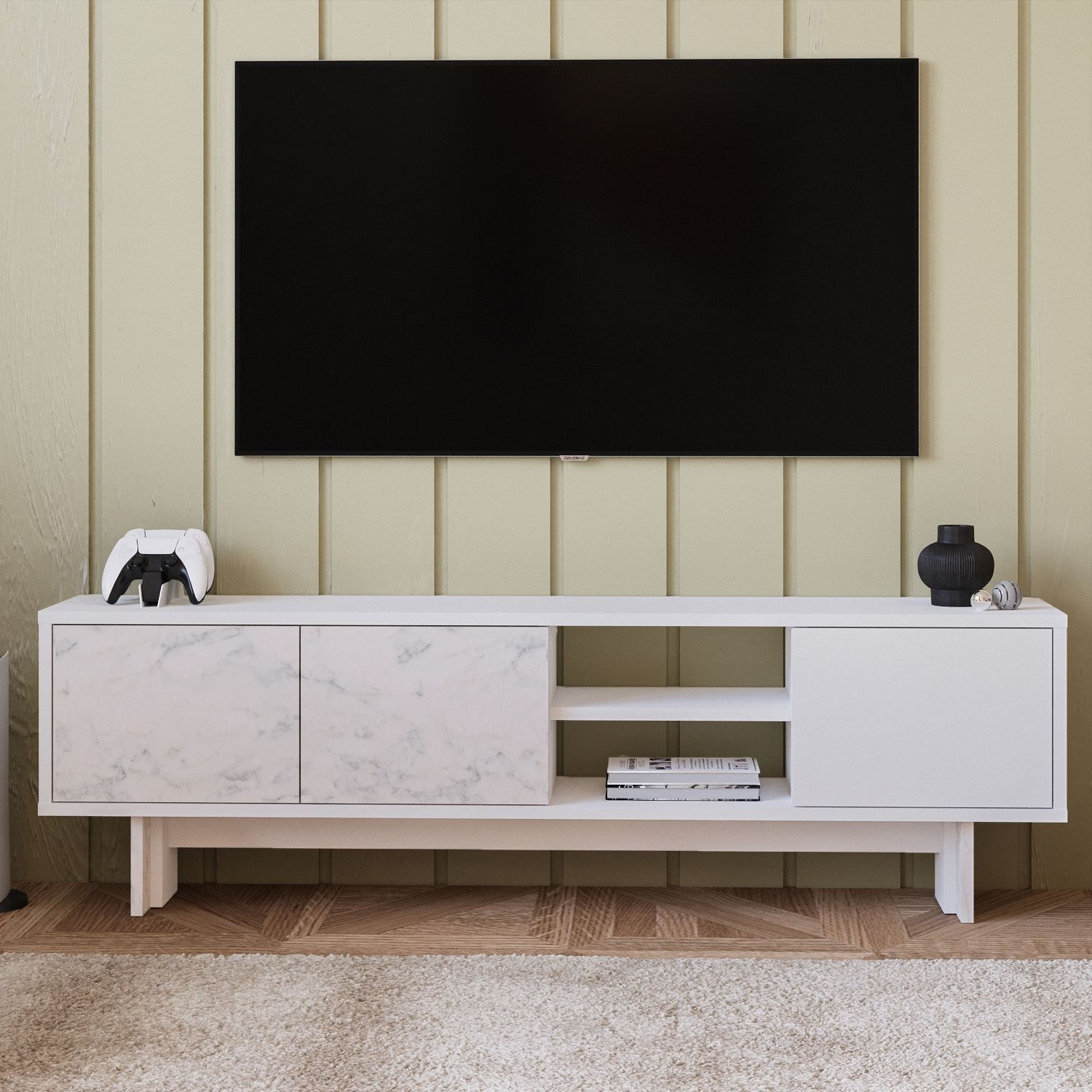 Comoda TV Ravello, 150 x 45 x 30 cm, alb marmura, PAL melaminat, fixare pe perete, alb / marble — imaginea 3