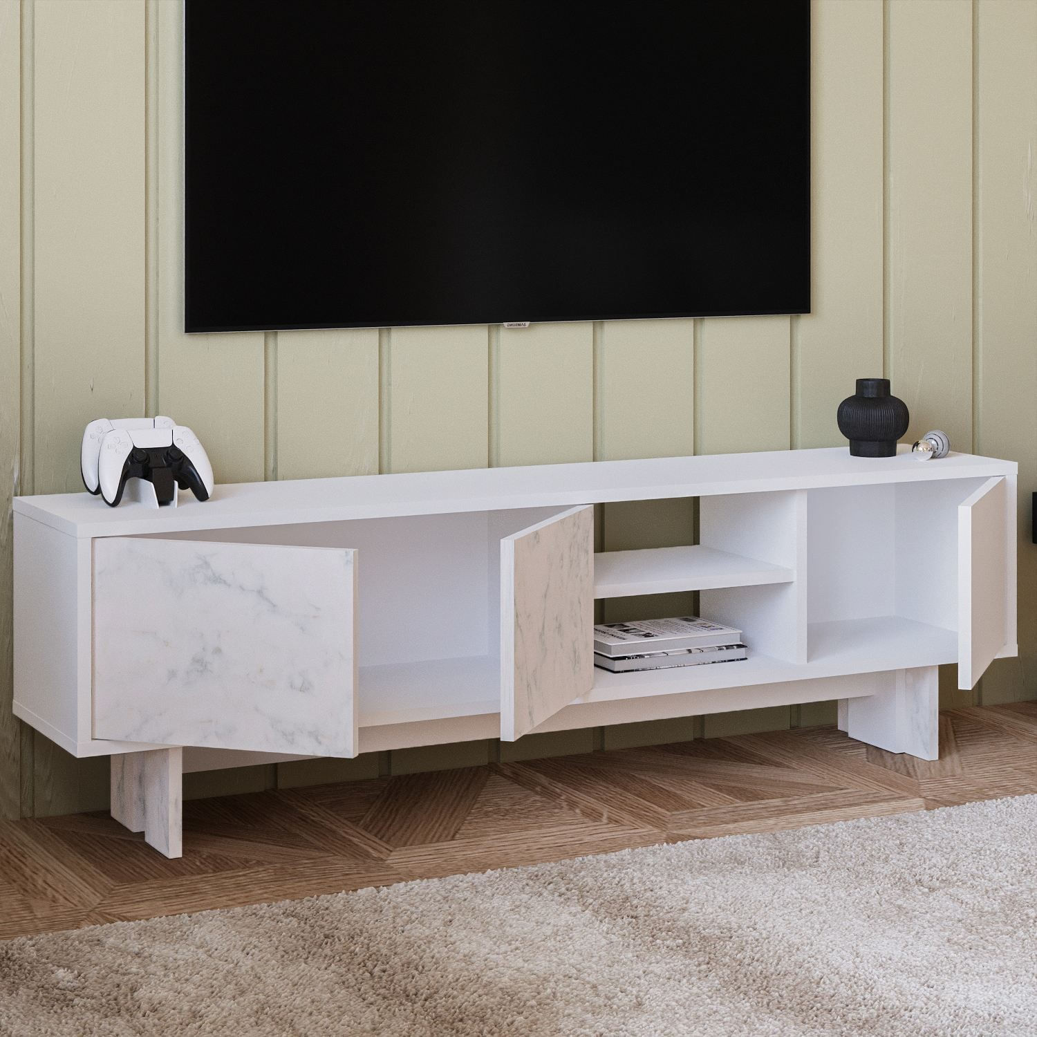 Comoda TV Ravello, 150 x 45 x 30 cm, alb marmura, PAL melaminat, fixare pe perete, alb / marble — imaginea 4