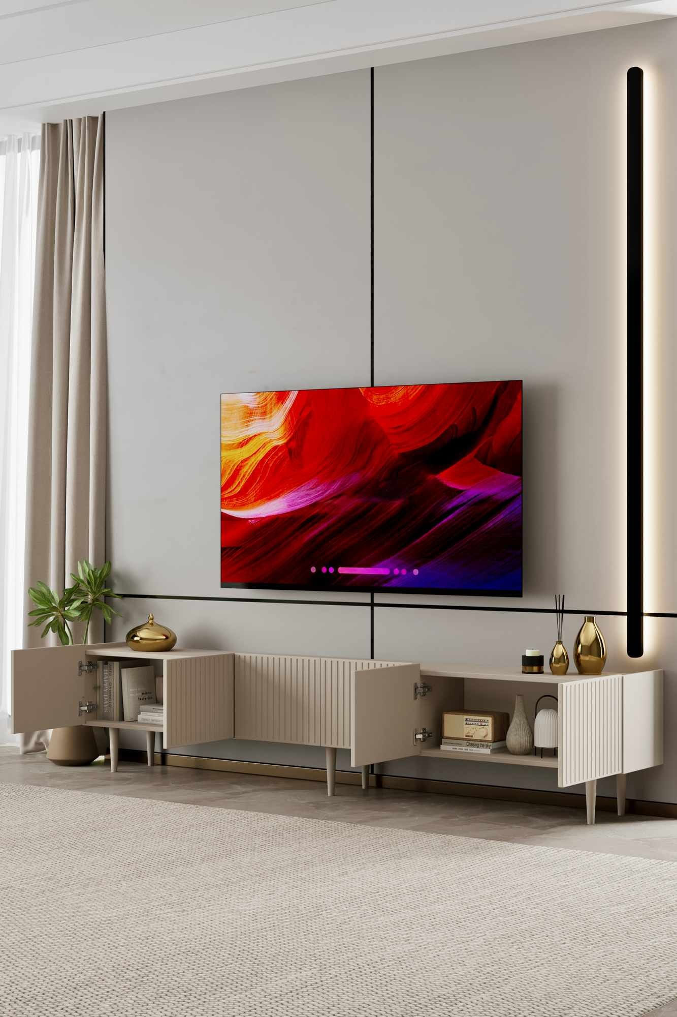 Comoda TV Capella 240, 240 x 50 x 29 cm, bej nisip, MDF, capacitate 40 kg, sandstone — imaginea 4