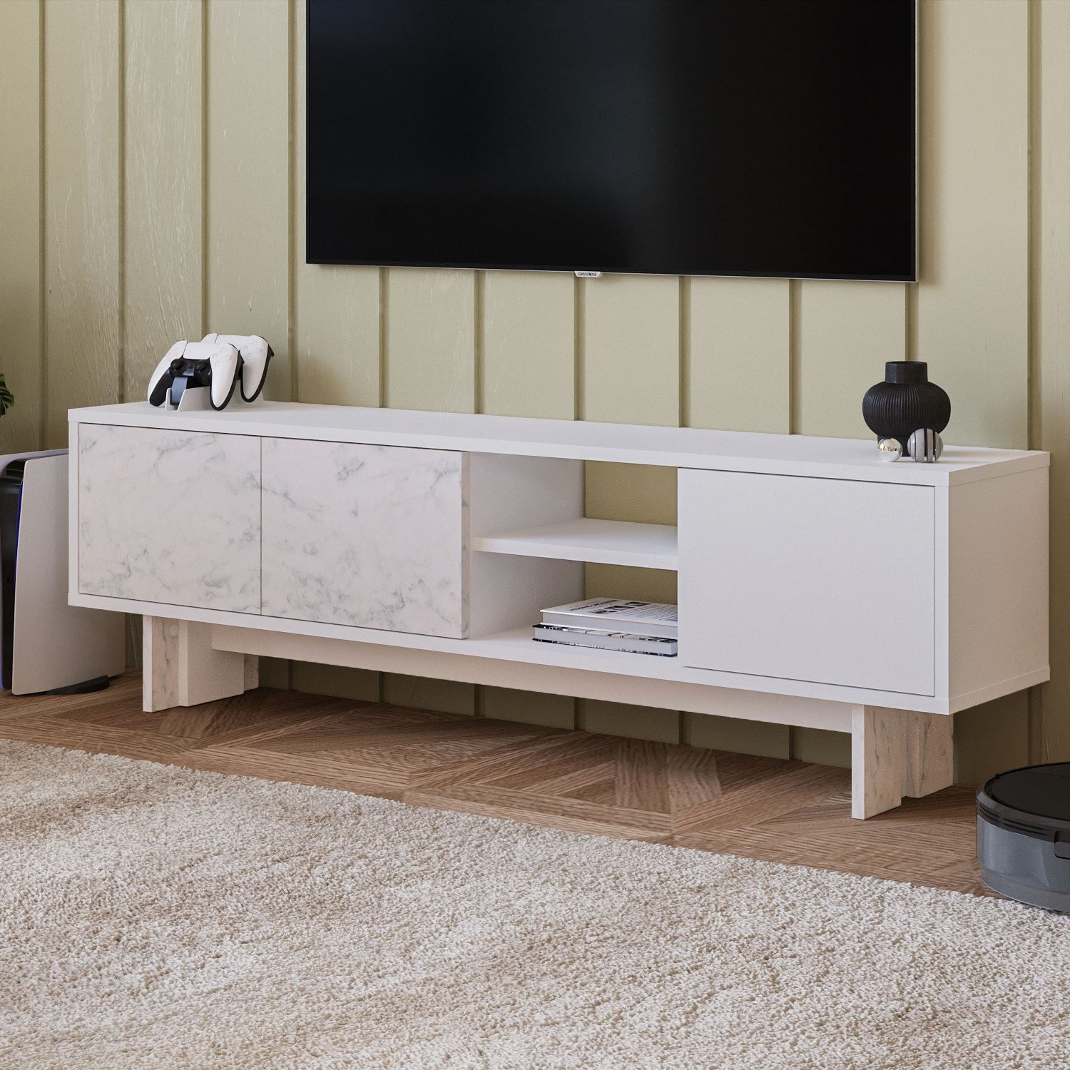 Comoda TV Ravello, 150 x 45 x 30 cm, alb marmura, PAL melaminat, fixare pe perete, alb / marble — imaginea 5