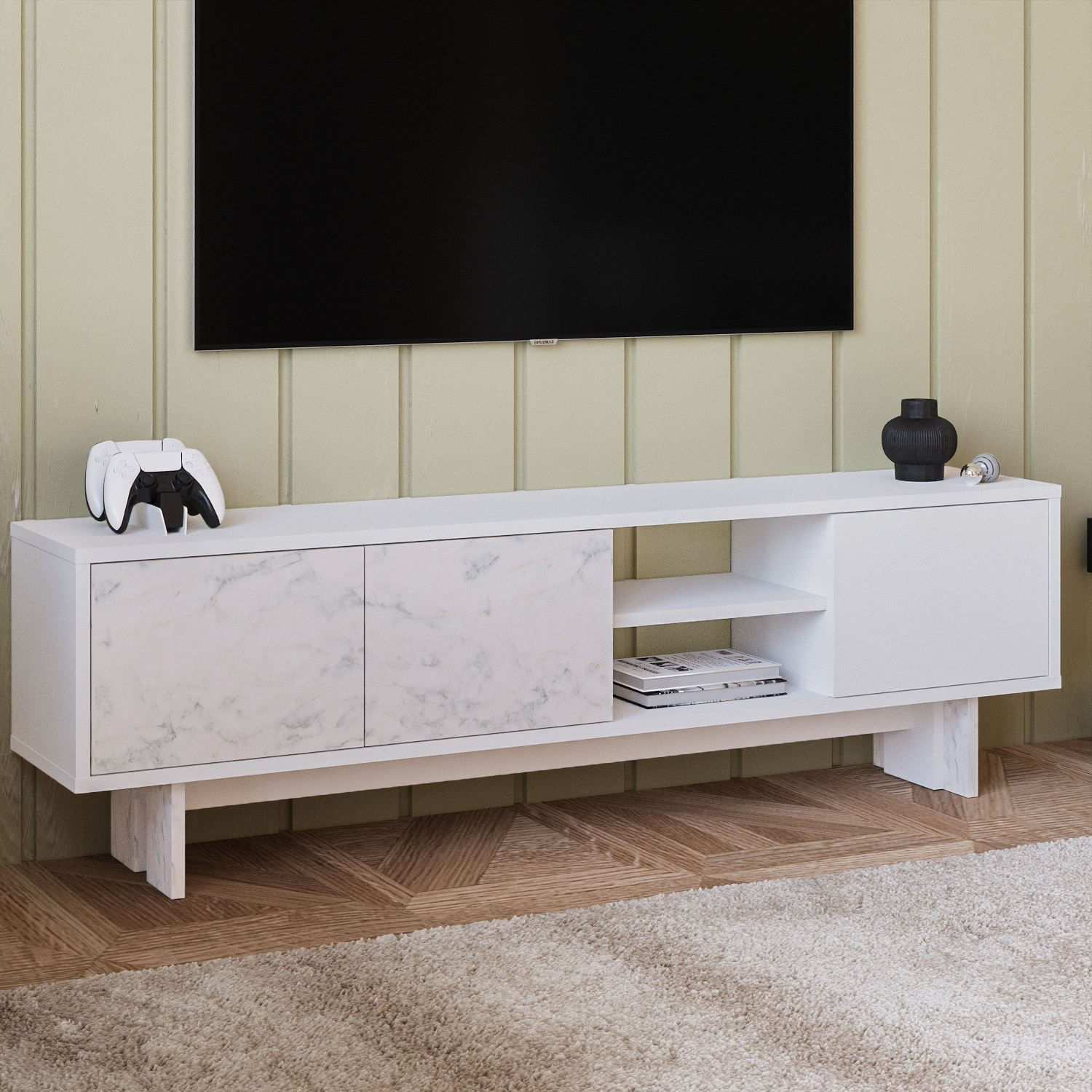 Comoda TV Ravello, 150 x 45 x 30 cm, alb marmura, PAL melaminat, fixare pe perete, alb / marble — imaginea 6