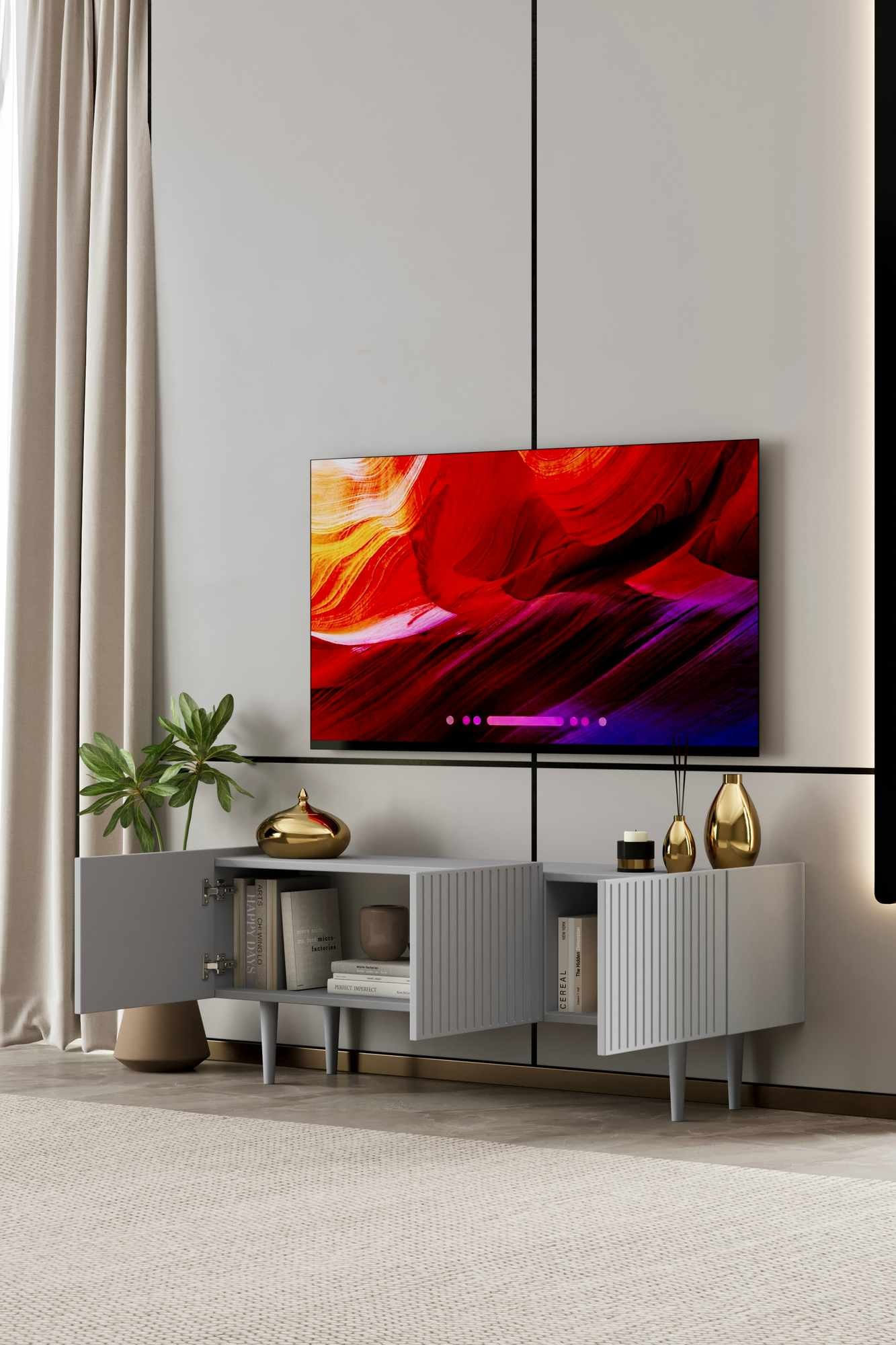 Comoda TV Capella 120, 120 x 50 x 29 cm, gri deschis, MDF, capacitate 22 kg, light gri — imaginea 2