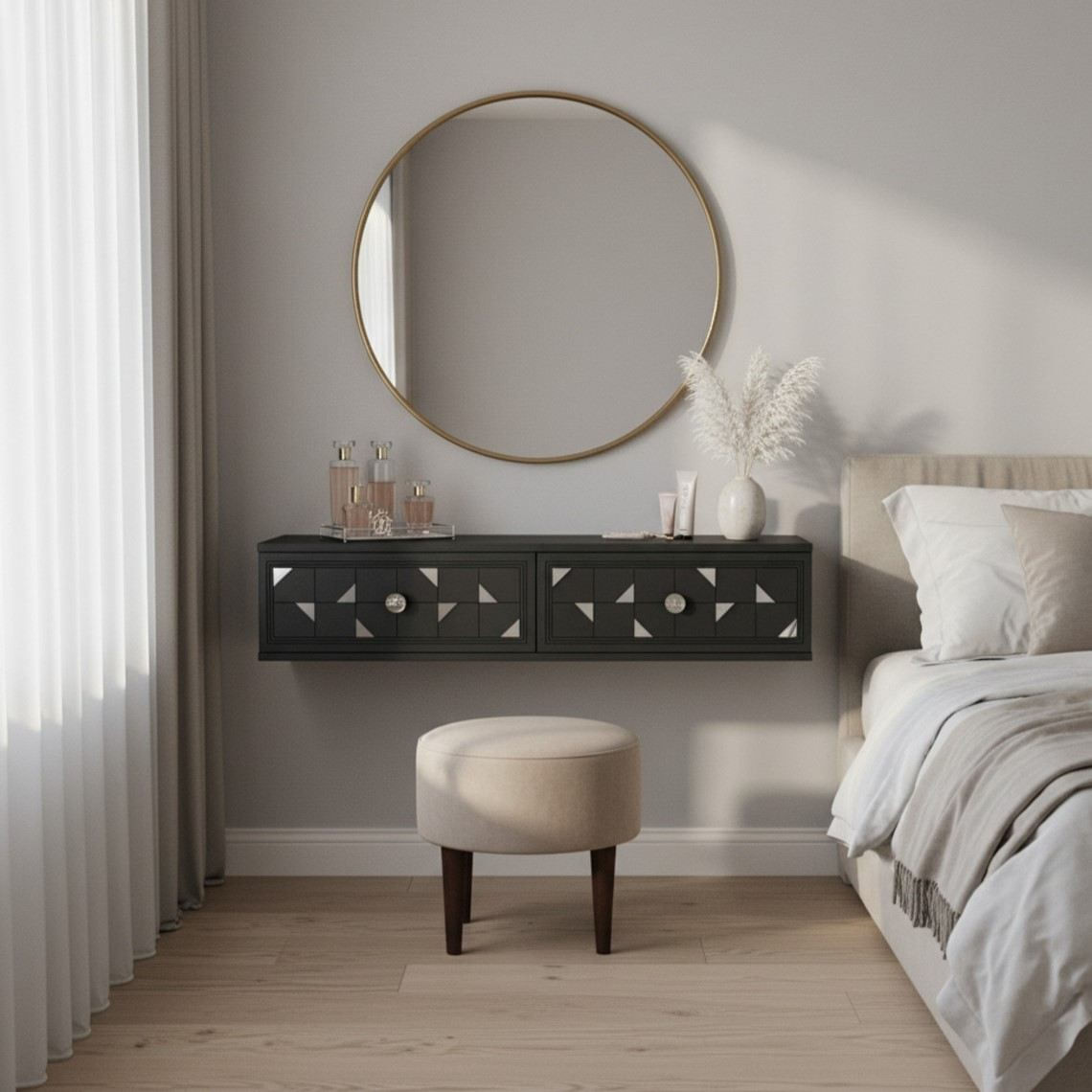 Comoda dormitor Moka 120, 120 x 25, 5 x 29, 6 cm, antracit argintiu, PAL melaminat, oglinda inclusa, fixare pe perete, antracit / silver — imaginea 3