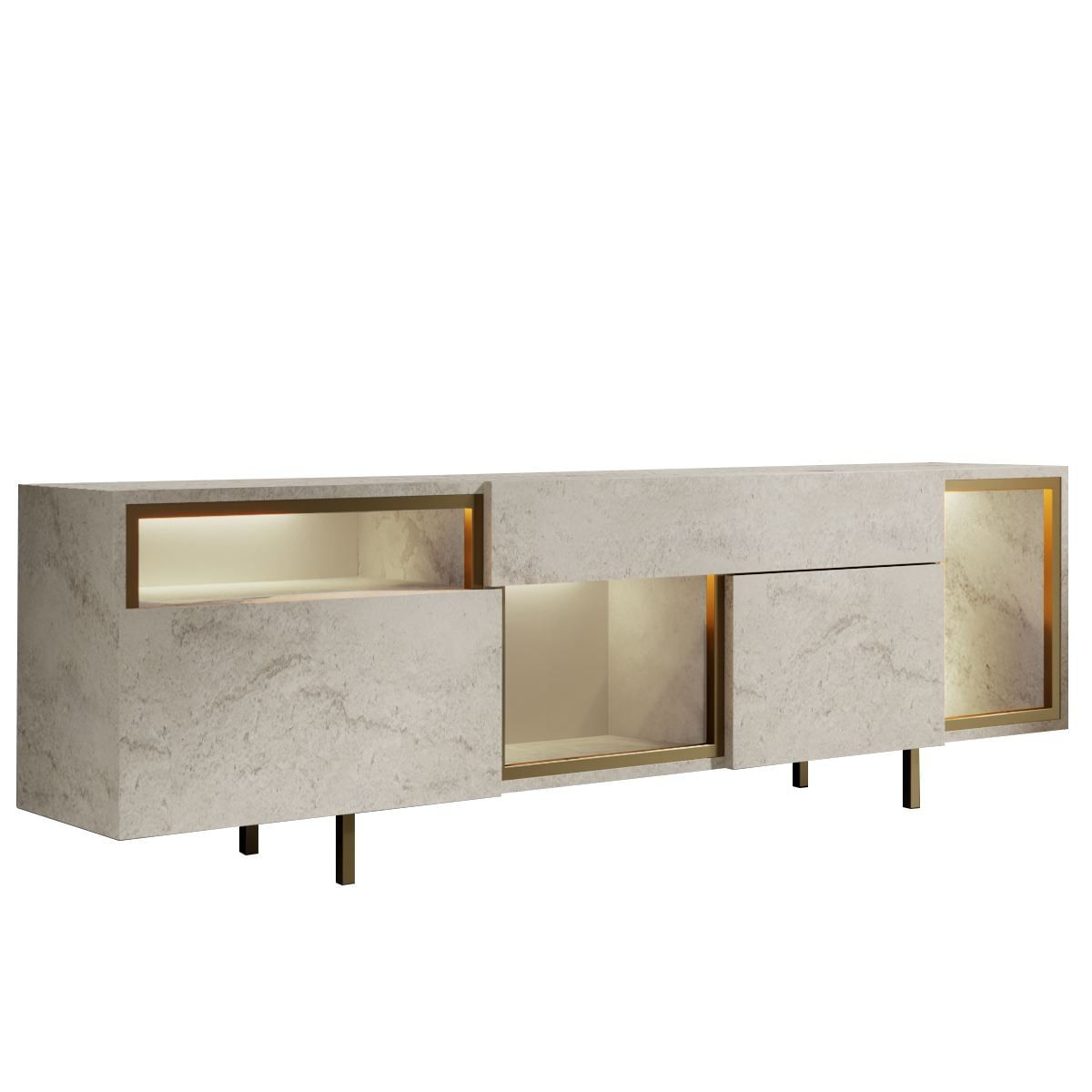 Comoda TV Norm, 180 x 55 x 32 cm, travertin auriu, PAL melaminat, spatiu de depozitare, fixare pe perete, travertin / gold — imaginea 3