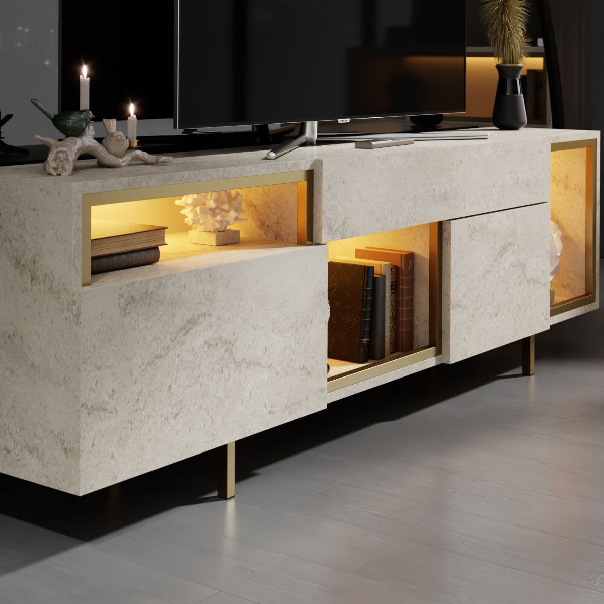 Comoda TV Norm, 180 x 55 x 32 cm, travertin auriu, PAL melaminat, spatiu de depozitare, fixare pe perete, travertin / gold — imaginea 4