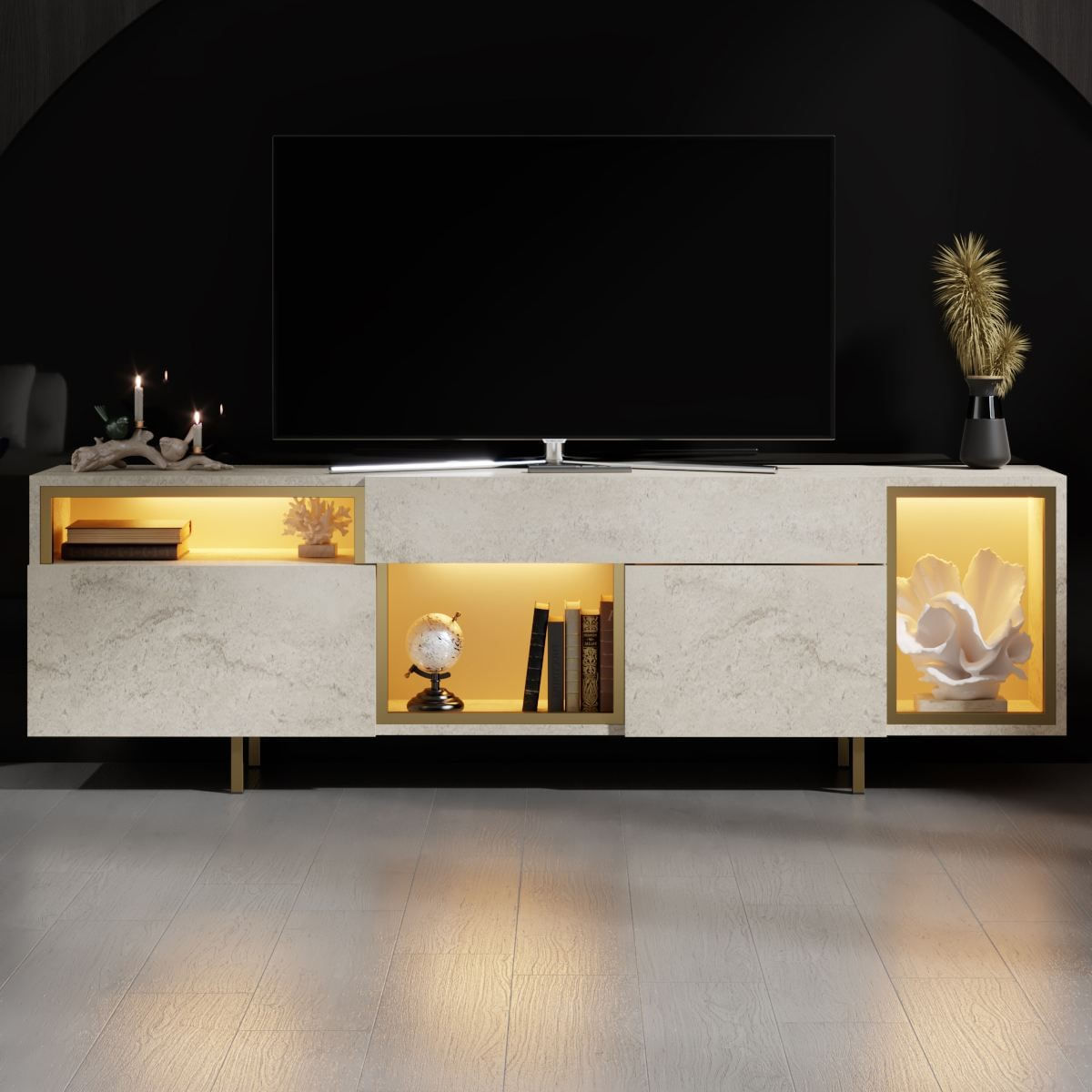 Comoda TV Norm, 180 x 55 x 32 cm, travertin auriu, PAL melaminat, spatiu de depozitare, fixare pe perete, travertin / gold — imaginea 6