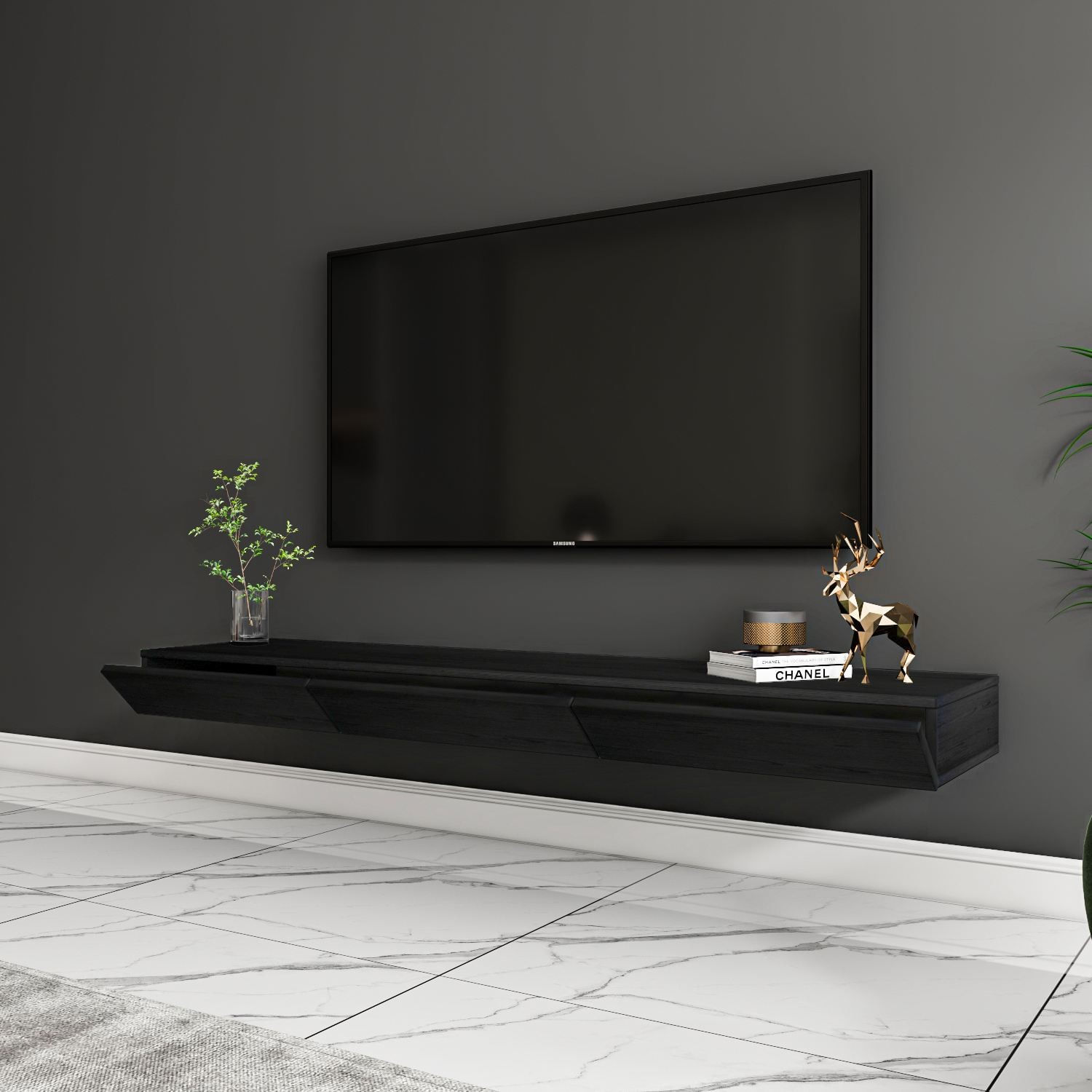 Comoda TV Avalon, 140 x 16, 6 x 31, 8 cm, lemn negru, PAL melaminat, fixare pe perete, wood negru — imaginea 2