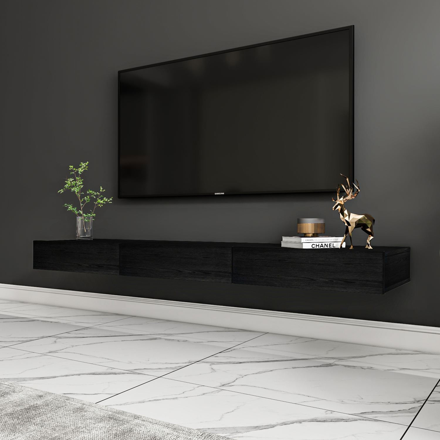 Comoda TV Avalon, 140 x 16, 6 x 31, 8 cm, lemn negru, PAL melaminat, fixare pe perete, wood negru — imaginea 5