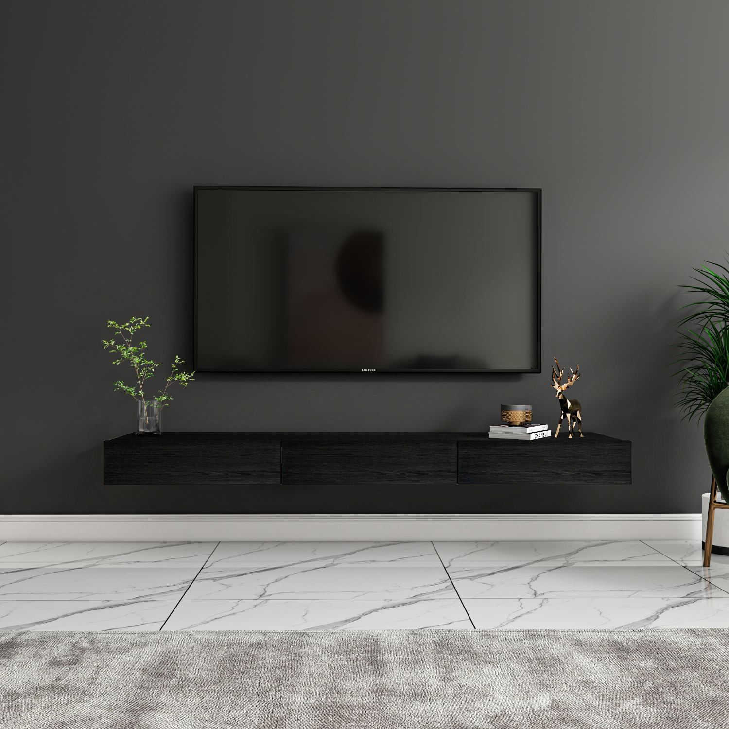 Comoda TV Avalon, 140 x 16, 6 x 31, 8 cm, lemn negru, PAL melaminat, fixare pe perete, wood negru — imaginea 6