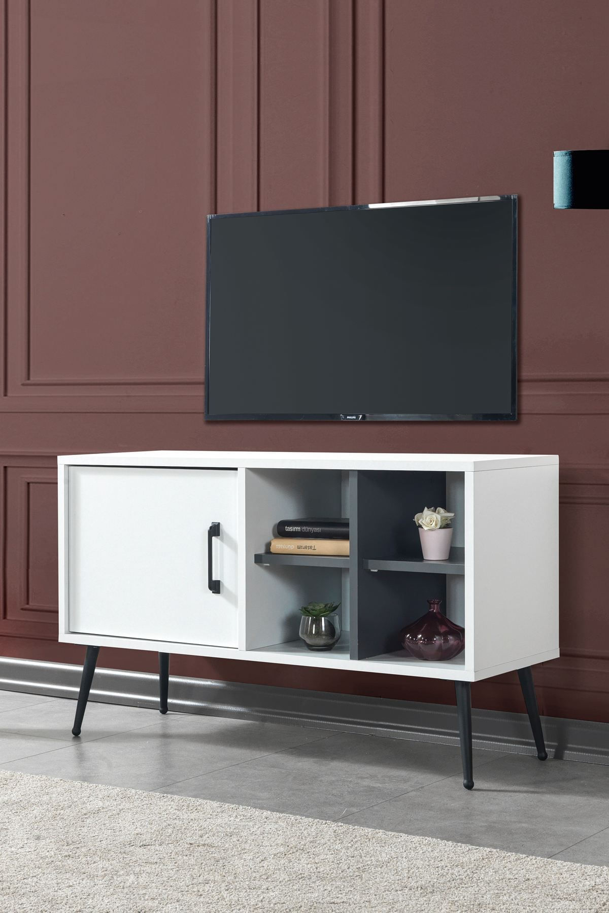 Comoda TV Şile 3112, 100 x 60 x 35 cm, alb antracit, PAL melaminat — imaginea 2