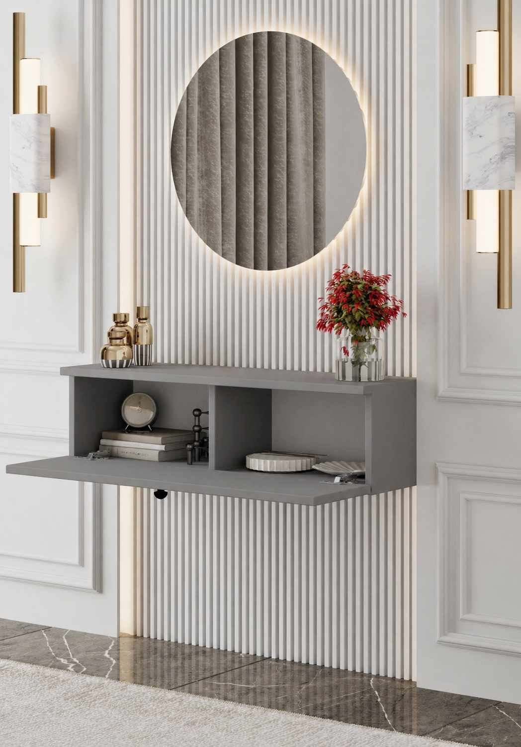 Bufet Mimosa 90, 90 x 26 x 22 cm, gri deschis, MDF, fixare pe perete, capacitate 15 kg, light gri — imaginea 2