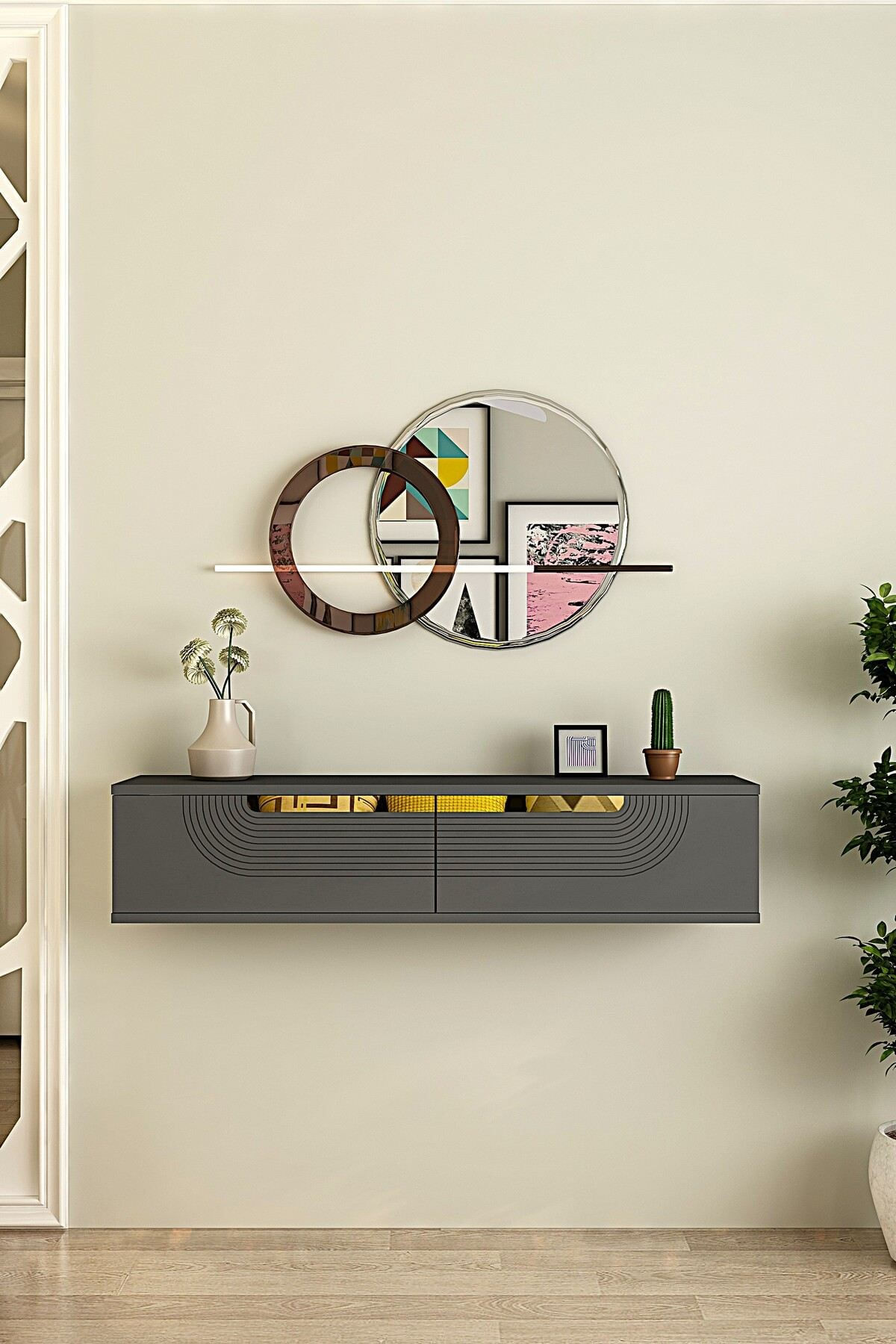 Comoda dormitor Meyra 120, 120 x 25, 5 x 29, 6 cm, antracit auriu, PAL melaminat, oglinda inclusa, fixare pe perete, antracit / gold — imaginea 4