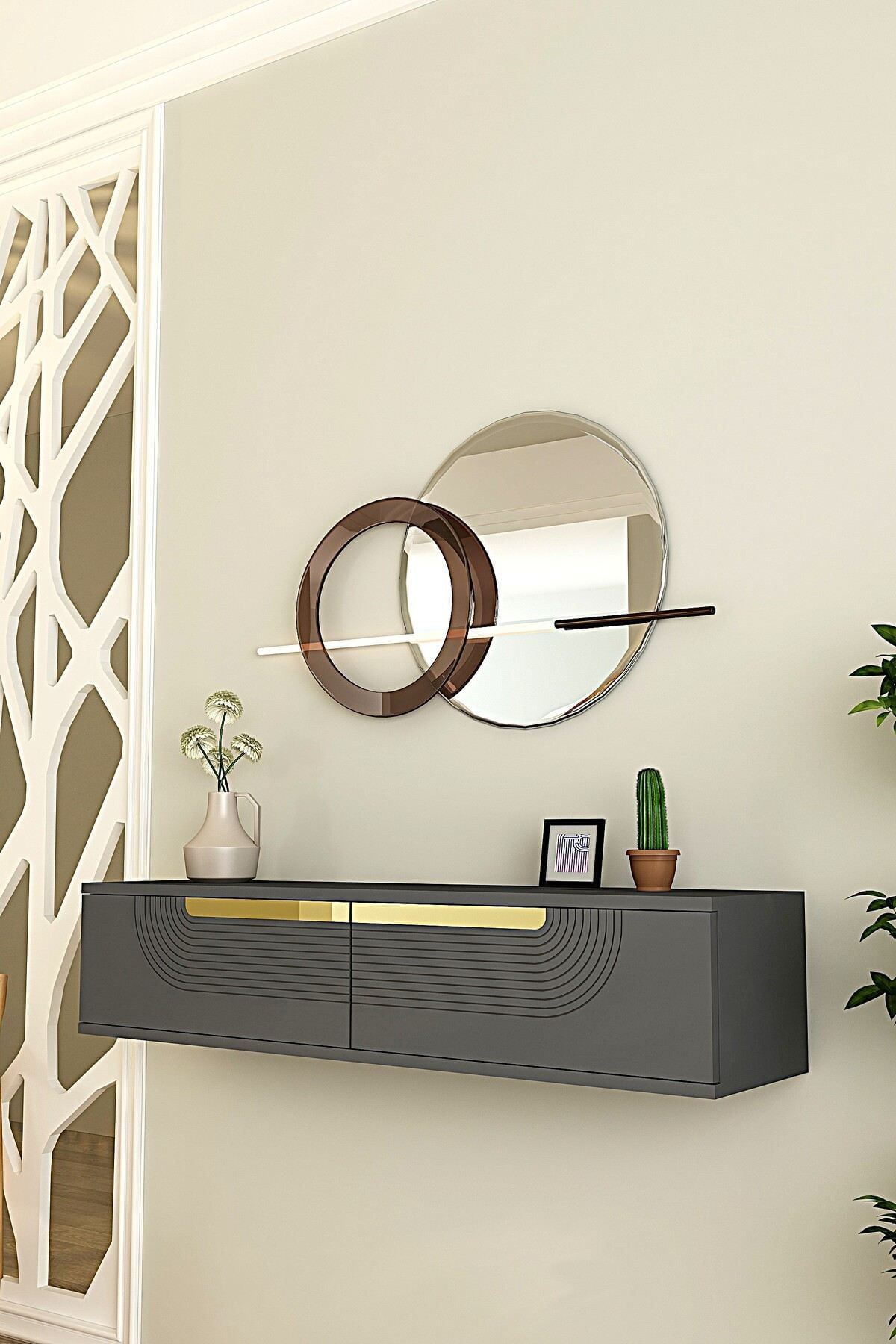 Comoda dormitor Meyra 120, 120 x 25, 5 x 29, 6 cm, antracit auriu, PAL melaminat, oglinda inclusa, fixare pe perete, antracit / gold — imaginea 6