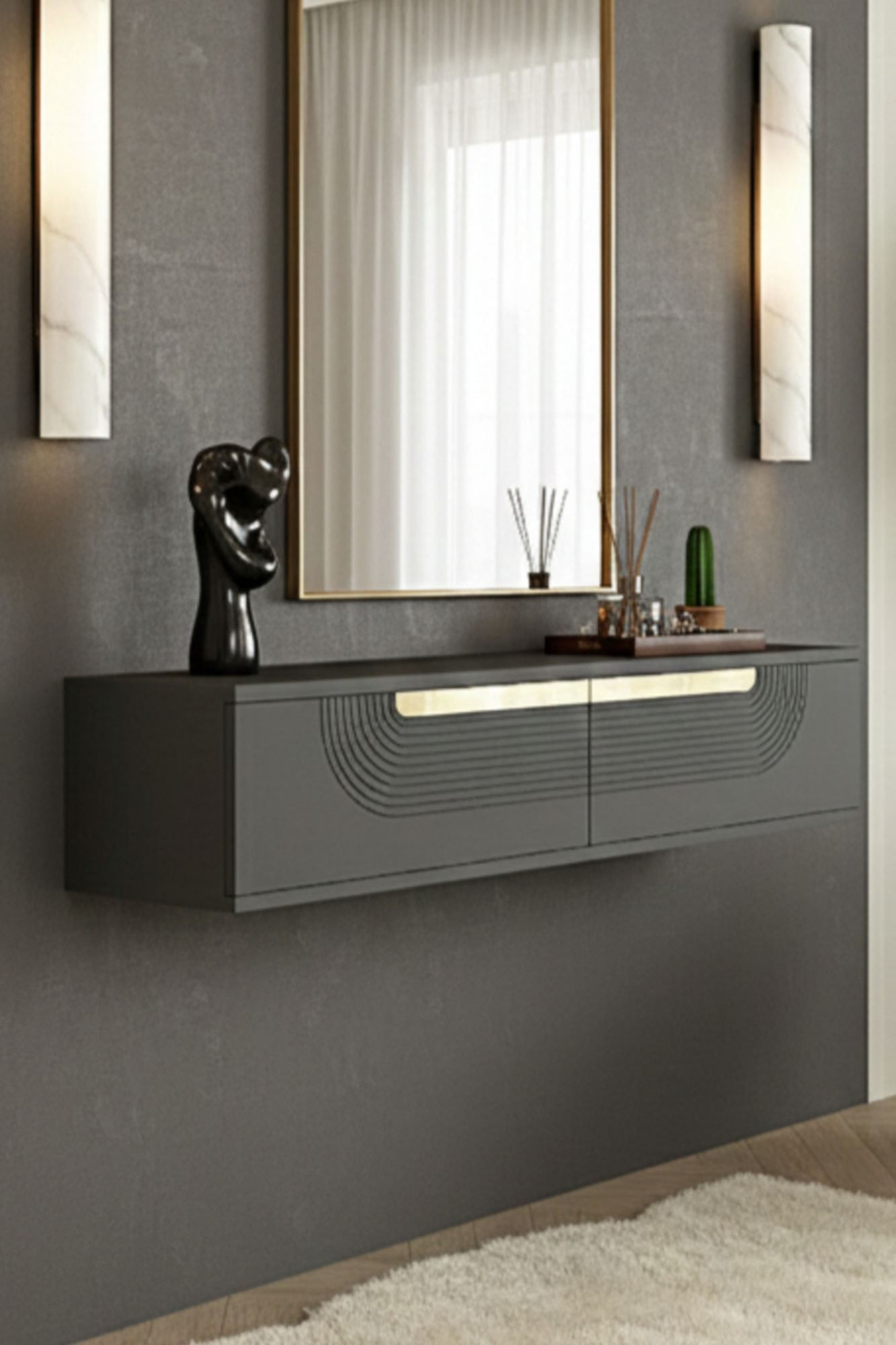 Comoda dormitor Meyra 120, 120 x 25, 5 x 29, 6 cm, antracit auriu, PAL melaminat, oglinda inclusa, fixare pe perete, antracit / gold — imaginea 7