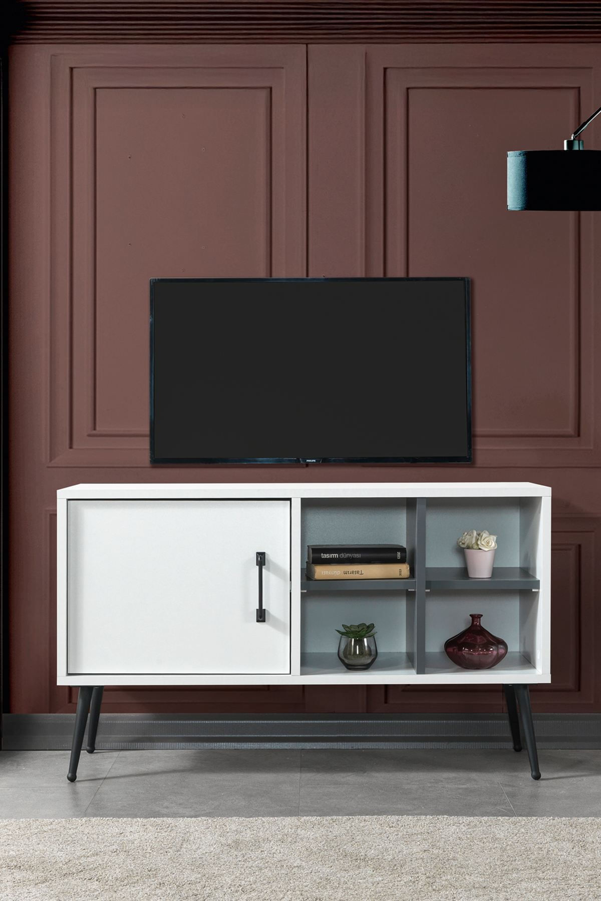 Comoda TV Şile 3112, 100 x 60 x 35 cm, alb antracit, PAL melaminat — imaginea 7
