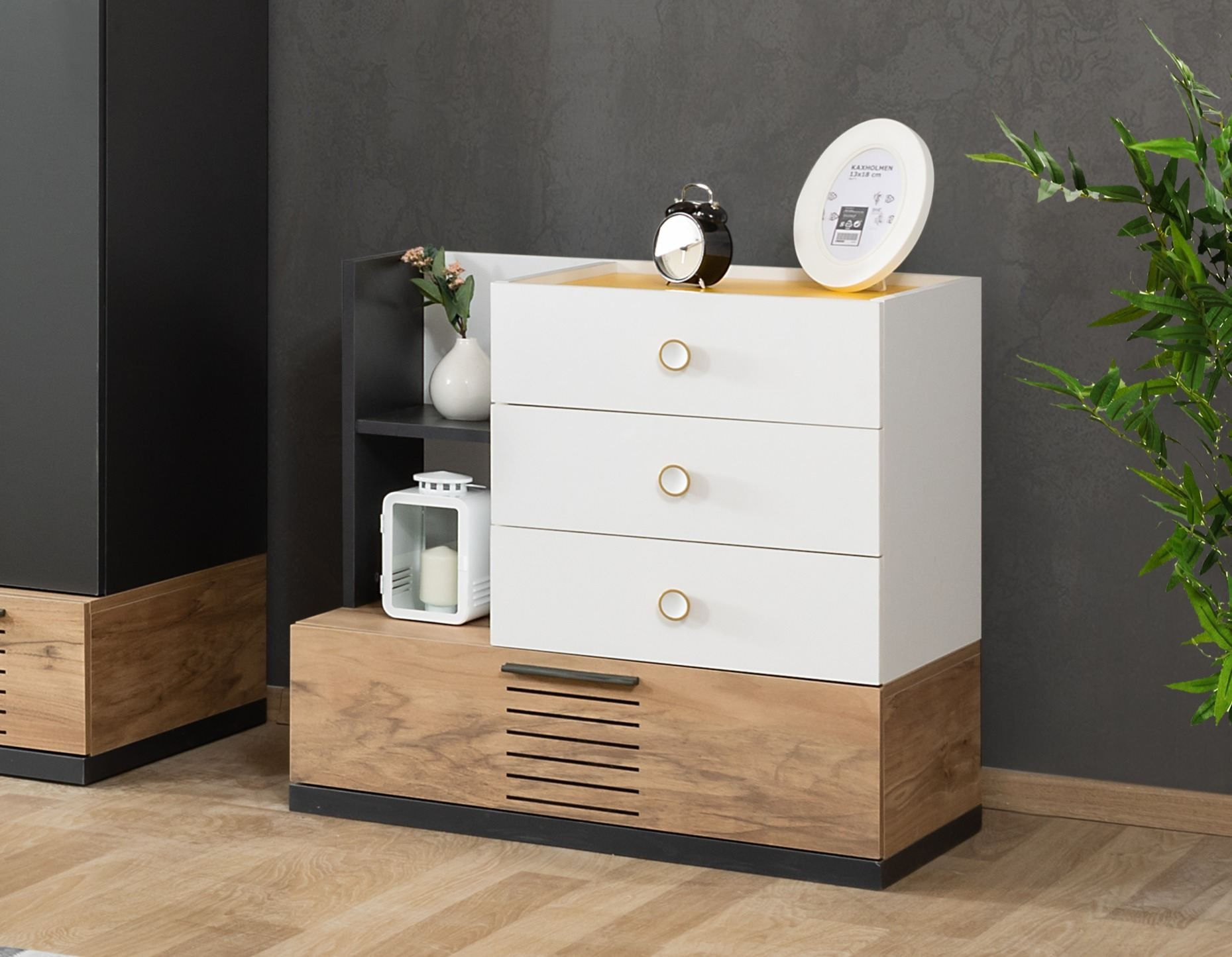 Comoda dormitor Relax, 80 x 75 x 45 cm, alb antracit galben maro, PAL melaminat, spatiu de depozitare, fixare pe perete — imaginea 2