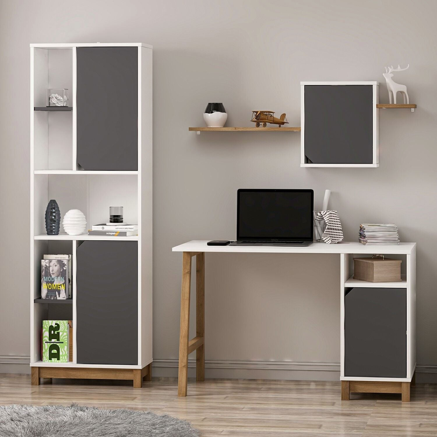 Birou cu biblioteca Venaro Set 1 (birou + biblioteca mare), 120 x 75 x 60 cm, alb nuc, PAL melaminat, design modern — imaginea 3
