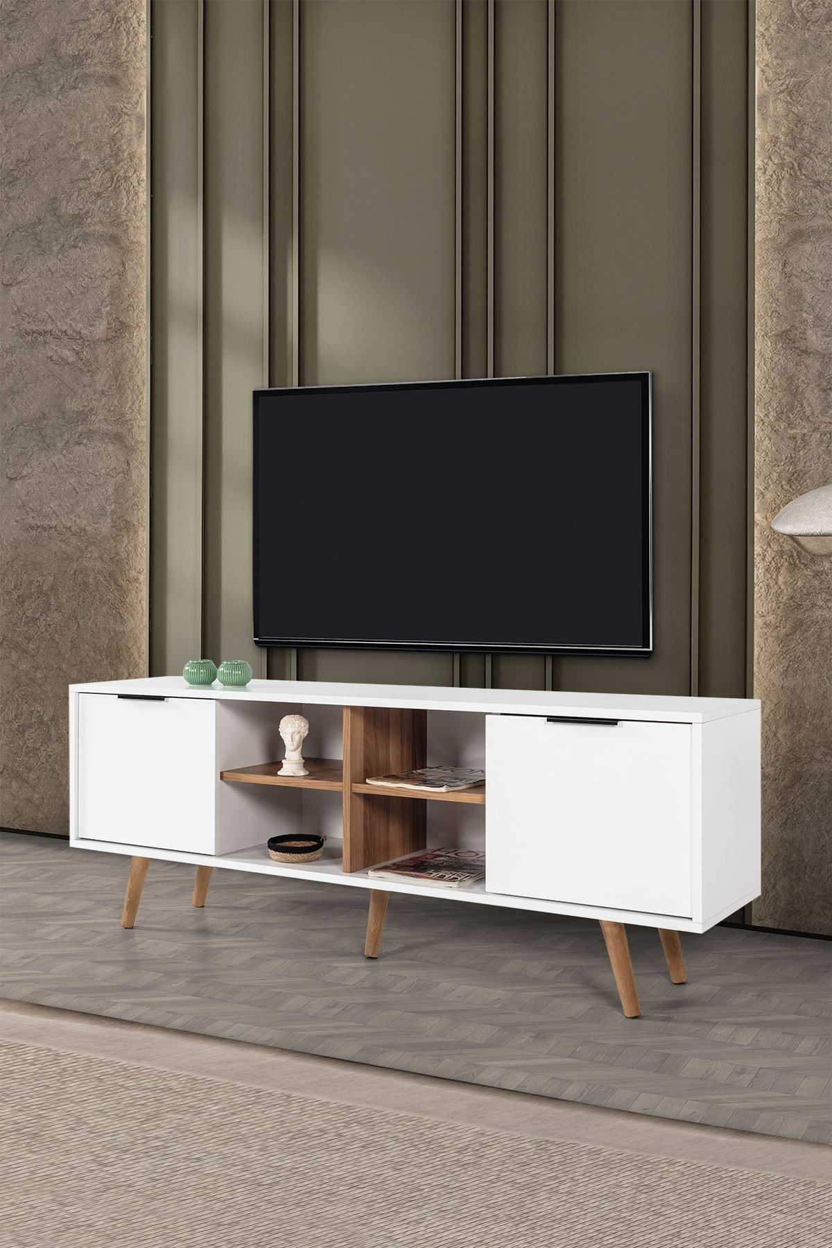 Comoda TV Sina 3618, 160 x 59 x 35 cm, alb nuc, PAL melaminat — imaginea 3