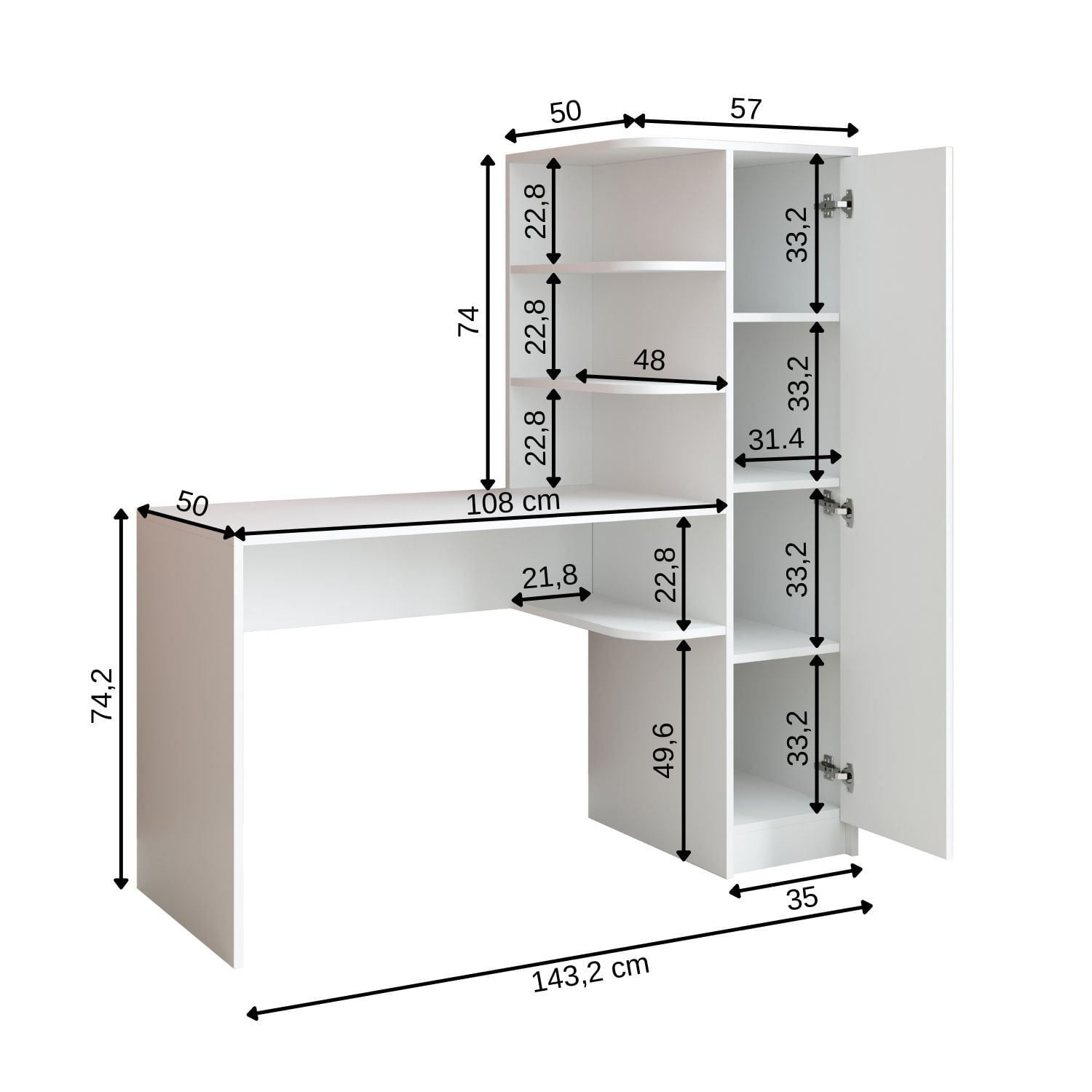 Birou cu biblioteca 2128, 143,2 x 143,2 x 50 cm, alb, PAL melaminat, design modern — imaginea 2