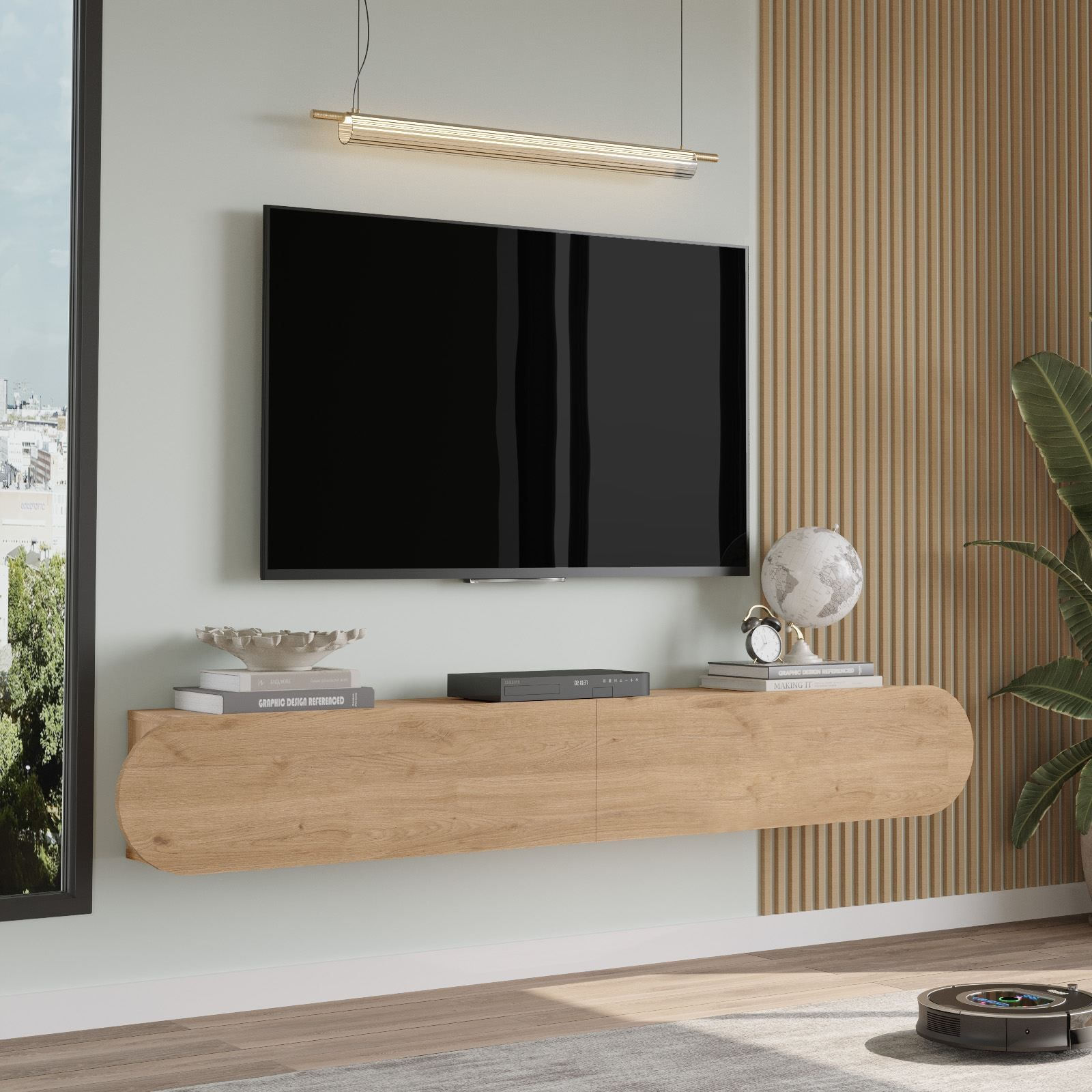 Comoda TV LUM1-S, 200 x 29,6 x 31,6 cm, stejar, PAL melaminat, fixare pe perete — imaginea 2