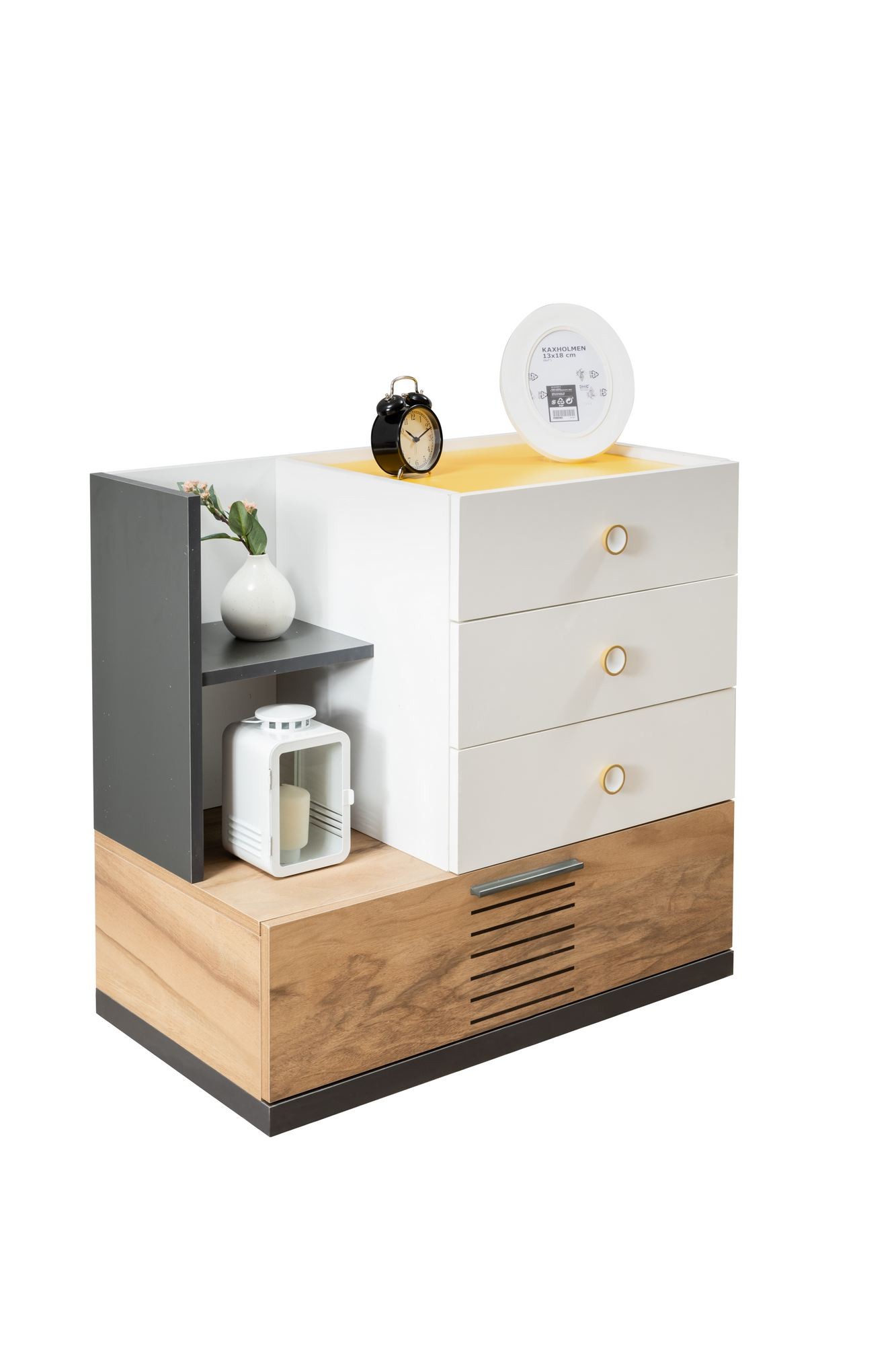 Comoda dormitor Relax, 80 x 75 x 45 cm, alb antracit galben maro, PAL melaminat, spatiu de depozitare, fixare pe perete — imaginea 3