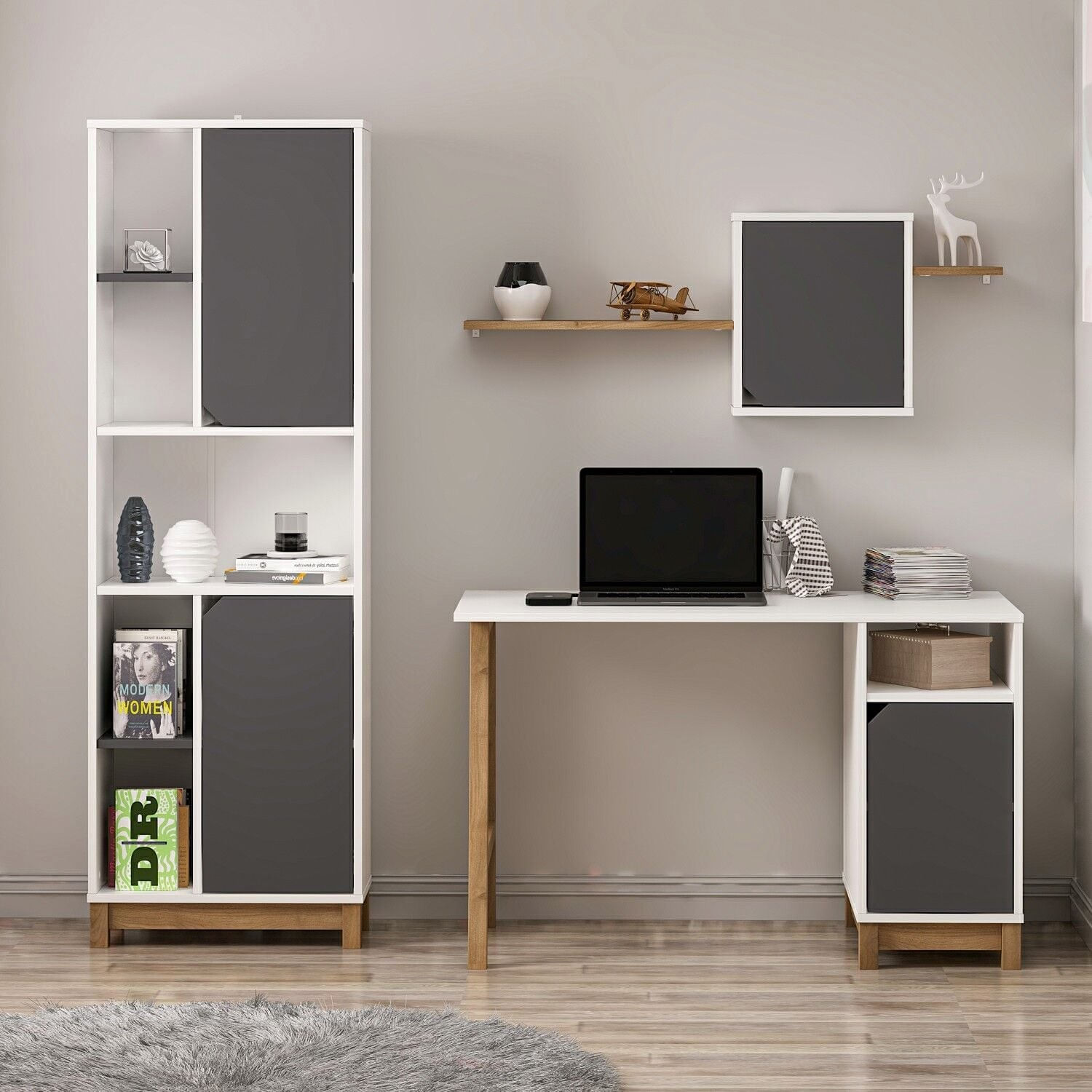 Birou cu biblioteca Venaro Set 1 (birou + biblioteca mare), 120 x 75 x 60 cm, alb nuc, PAL melaminat, design modern — imaginea 4
